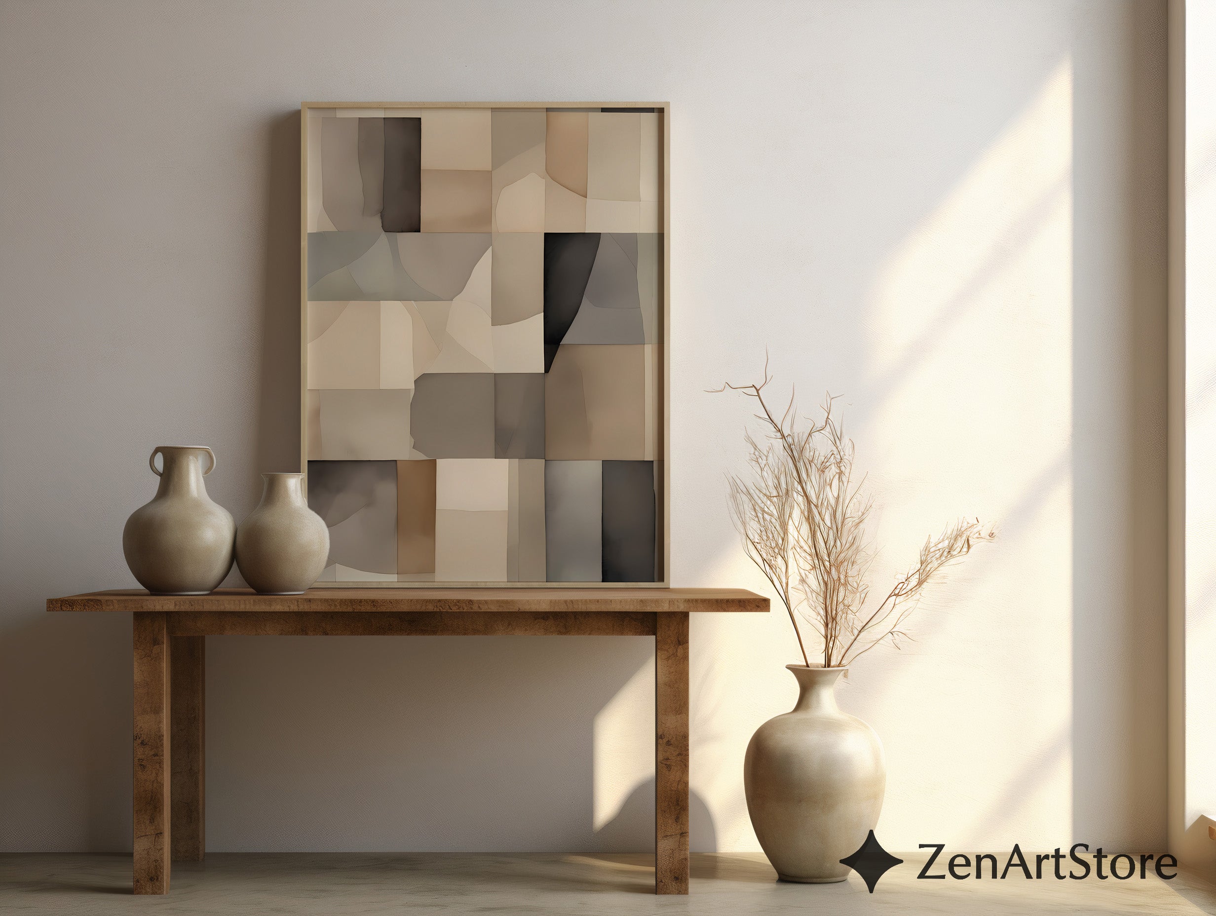 Neutral Abstract Patchwork Wall Art - Minimal Beige Brown Geometric Print for Japandi & Scandinavian Home Decor