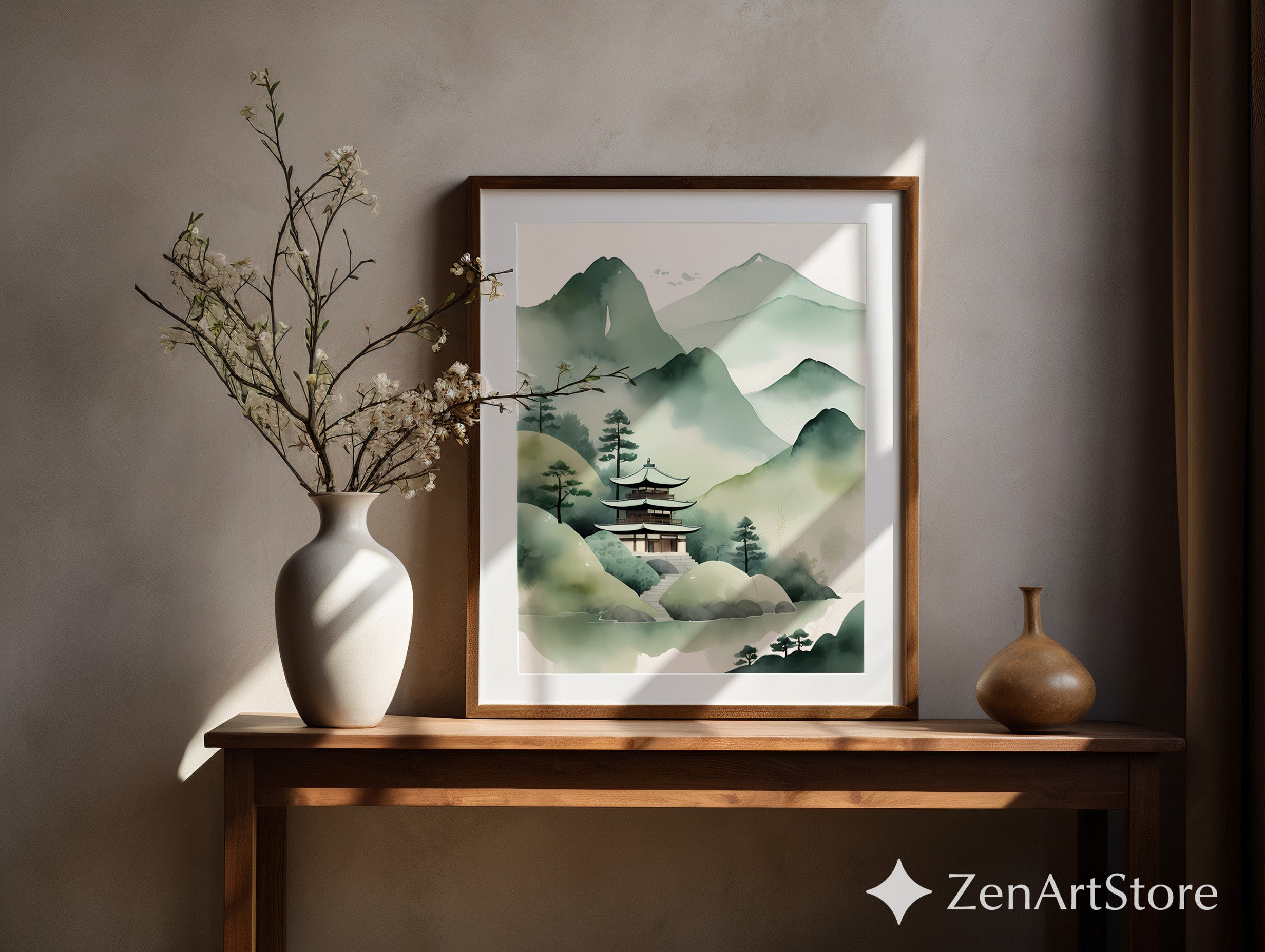 Misty Mountain Pagoda Print - Japanese Watercolor Landscape Wall Art, Zen Japandi Minimalist Green Home Decor