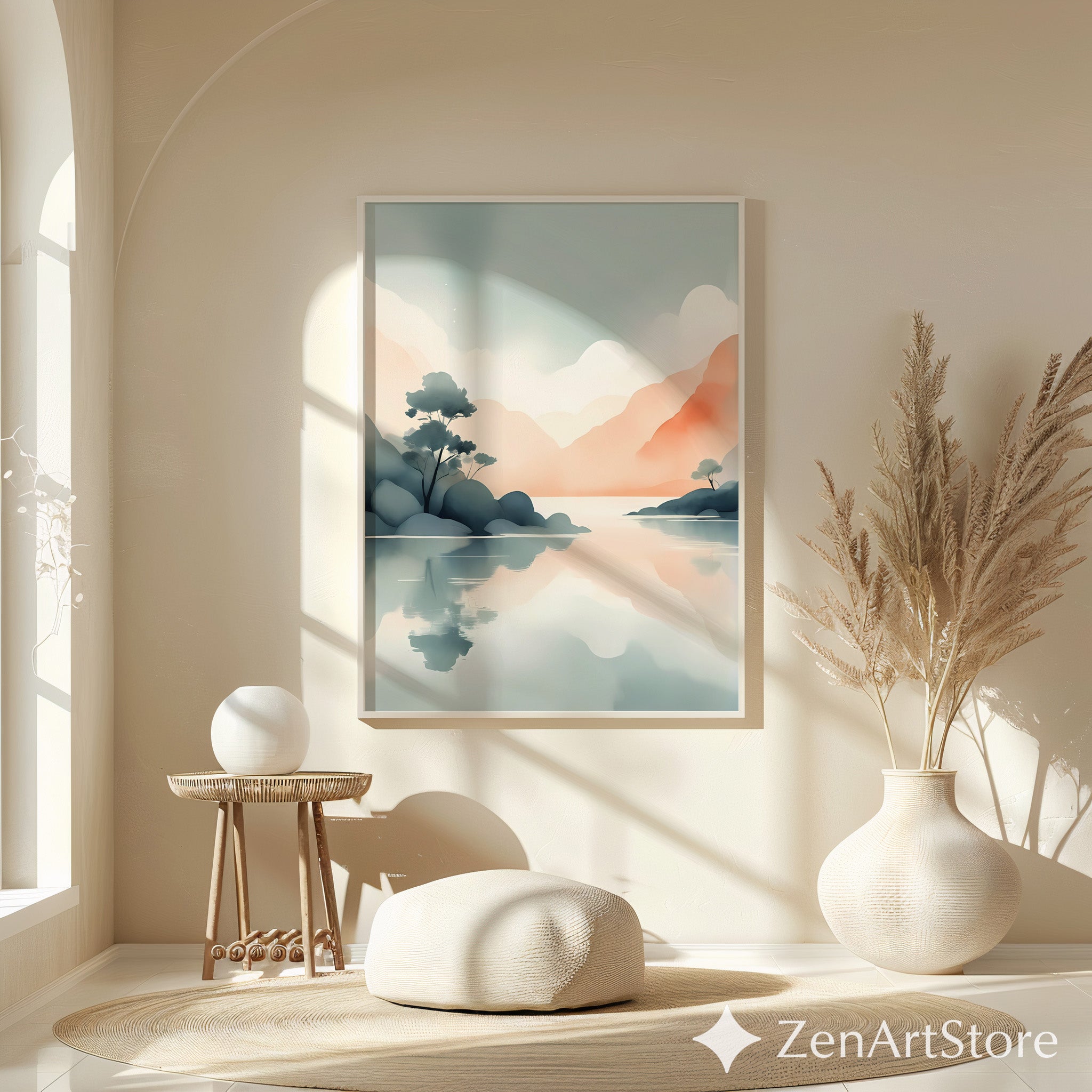 Zen Japandi Pastel Landscape Print - Minimal Mountain Lake Wall Art, Calm Abstract Reflection, Neutral Home Decor Printable