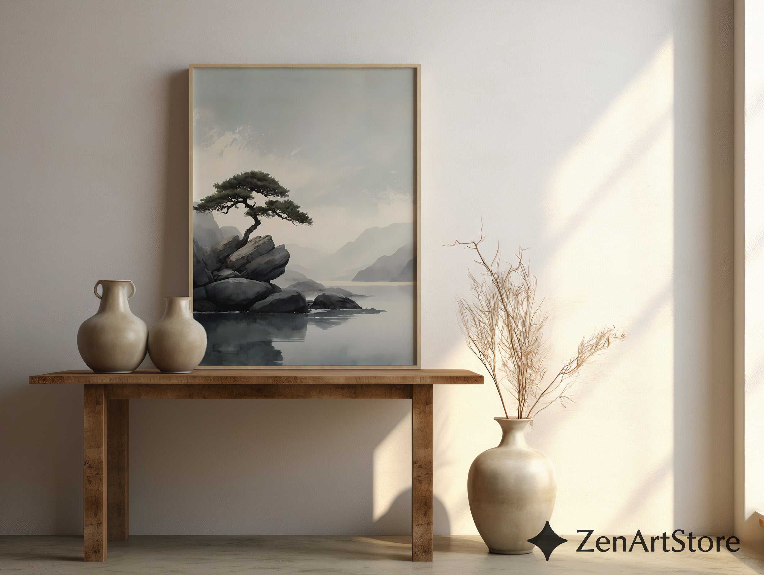 Zen Minimalist Landscape Print Lone Pine on Rocks - Japandi Scandinavian Wall Art Neutral Calm Home Decor