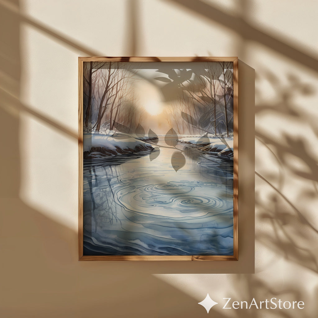 Winter River Sunrise Print - Minimal Scandinavian Landscape Wall Art, Neutral Japandi Zen Home Decor