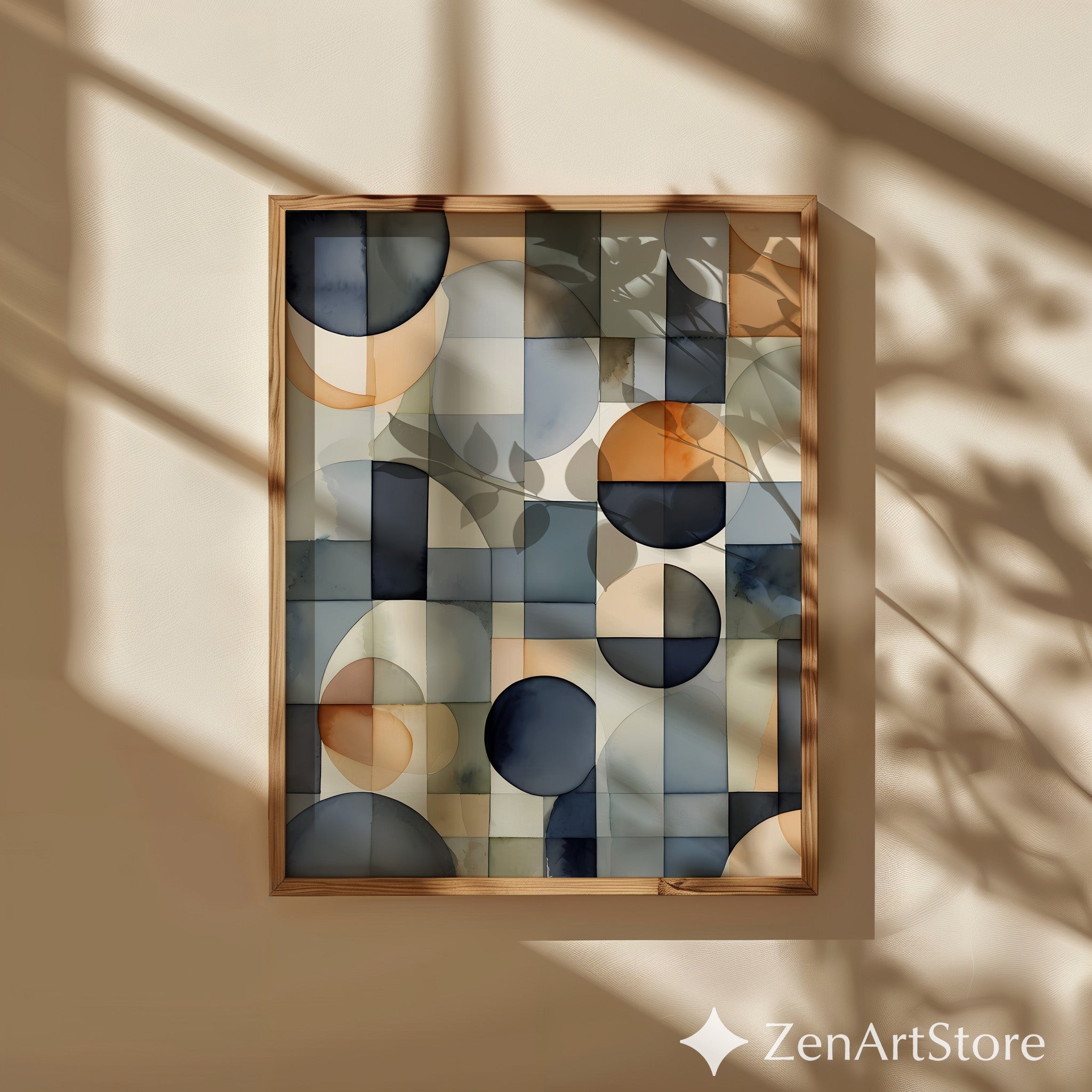 Abstract Geometric Wall Art Neutral Tones - Modern Mid Century Watercolor Circles Print - Japandi Wabi Sabi Minimalist Home Decor