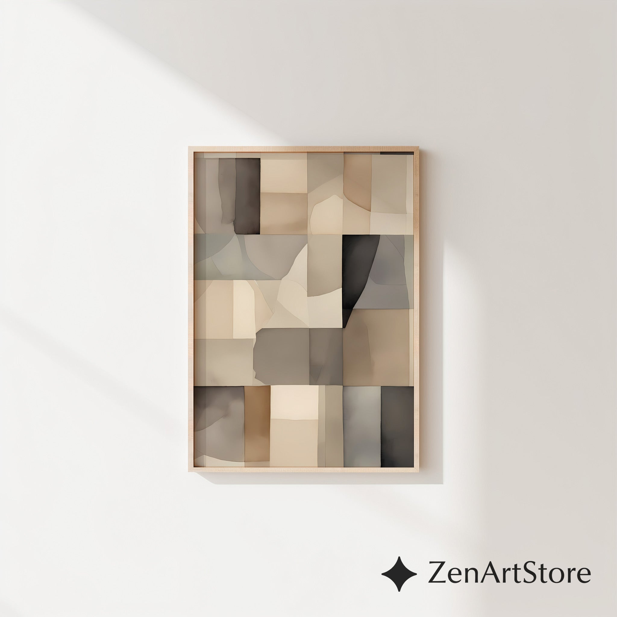 Neutral Abstract Patchwork Wall Art - Minimal Beige Brown Geometric Print for Japandi & Scandinavian Home Decor