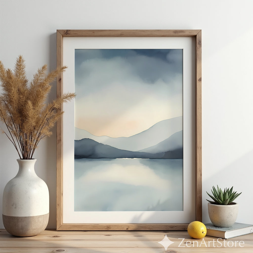Zen Minimal Japanese Mountain Lake Printable Wall Art - Calm Abstract Landscape