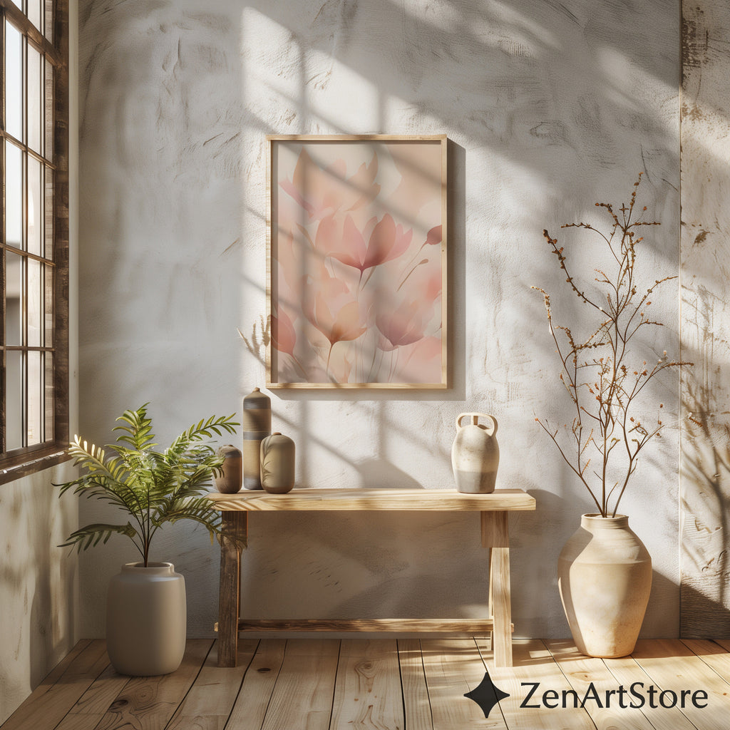 Blush Botanical Wall Art - Soft Pink Floral Abstract Print for Living Room Bedroom Nursery - Minimal Japandi Neutral Home Decor
