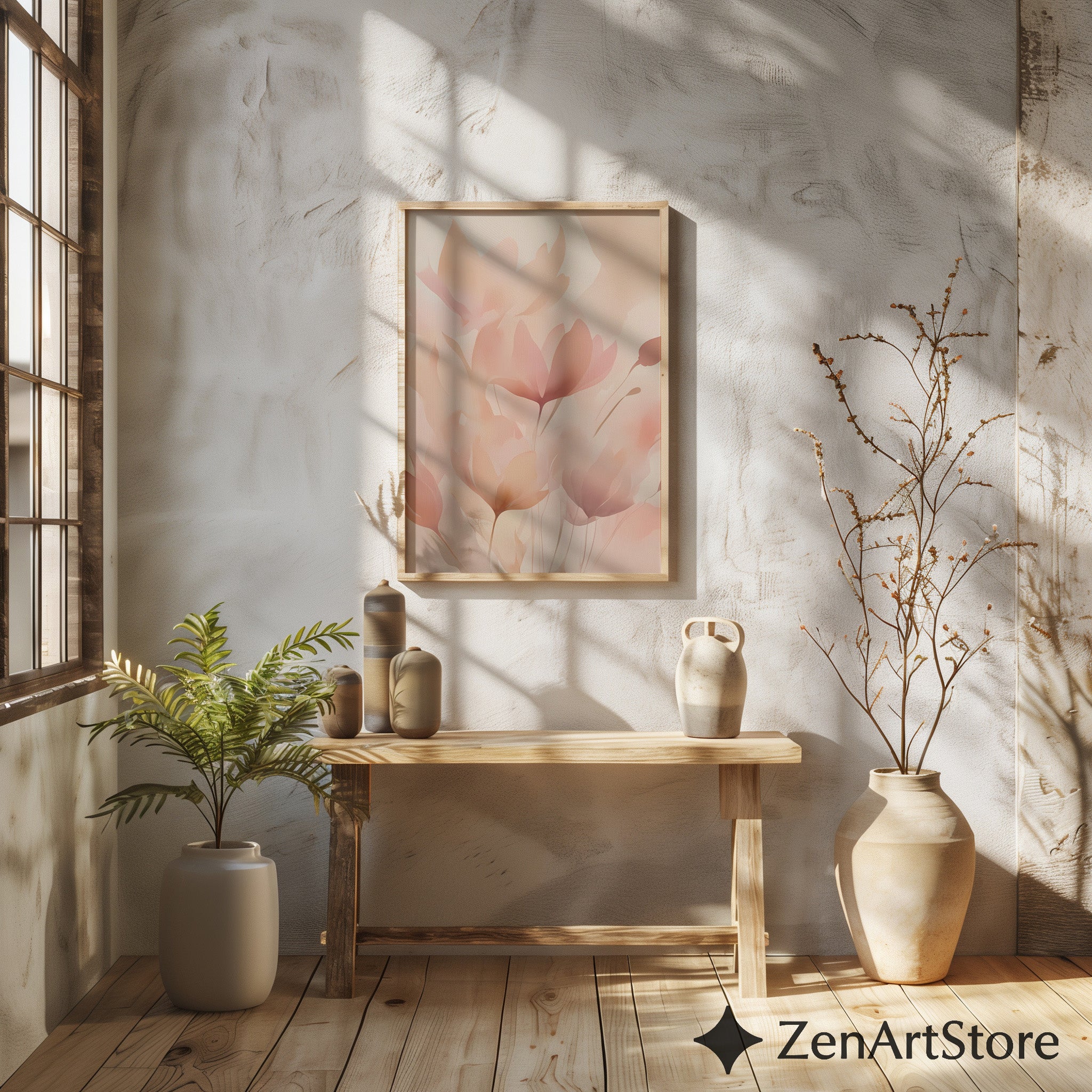 Blush Botanical Wall Art - Soft Pink Floral Abstract Print for Living Room Bedroom Nursery - Minimal Japandi Neutral Home Decor