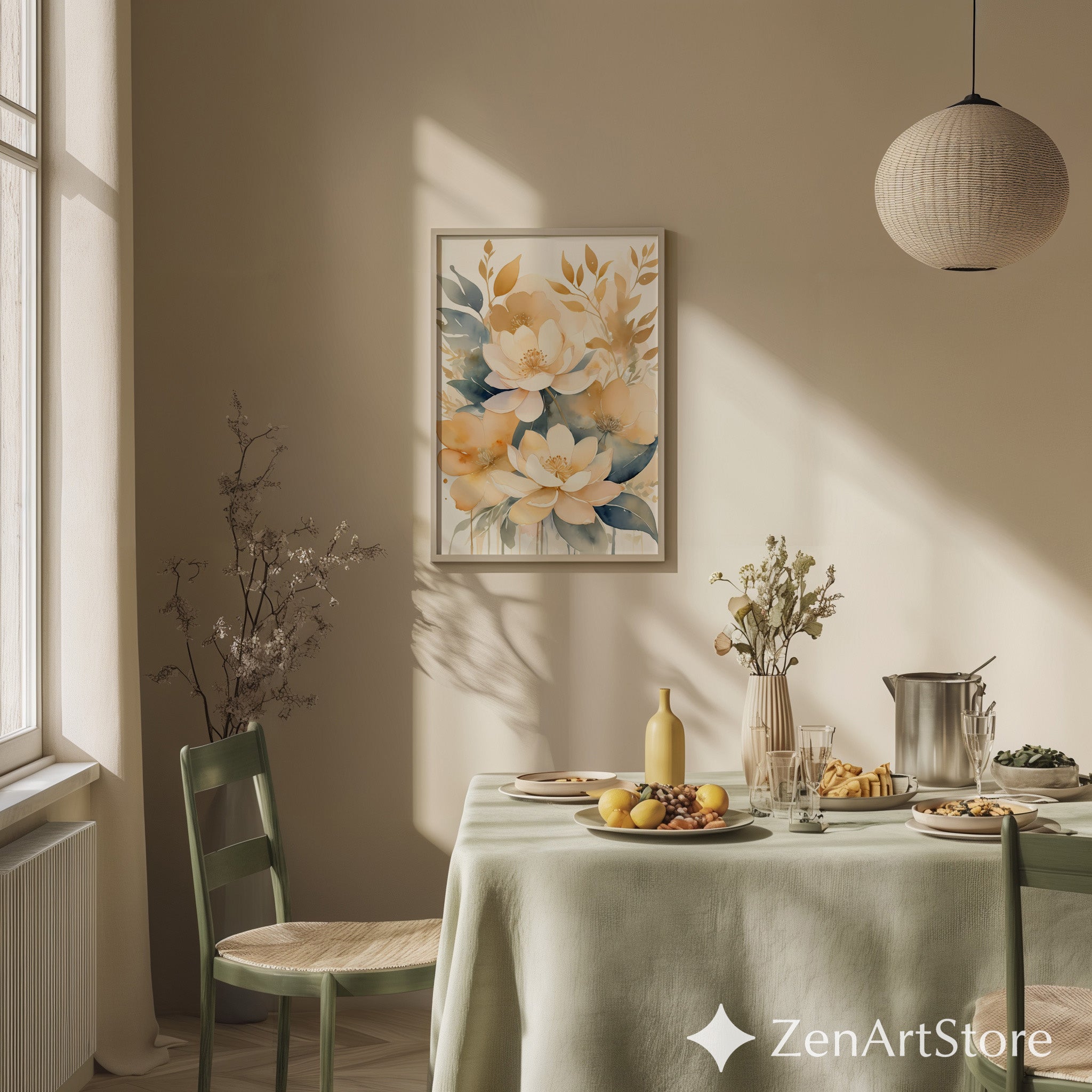 Neutral Watercolor Floral Print - Beige & Blue Botanical Wall Art, Japandi Wabi Sabi Home Decor