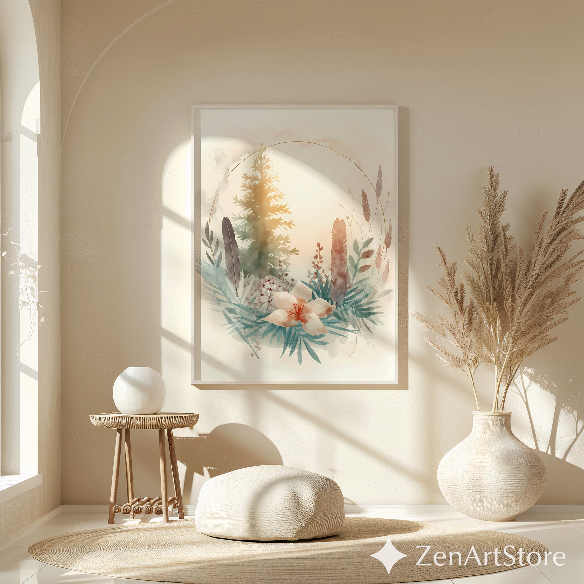 Neutral Botanical Watercolor Print with Gold Halo - Japandi Wabi Sabi Floral Wall Art