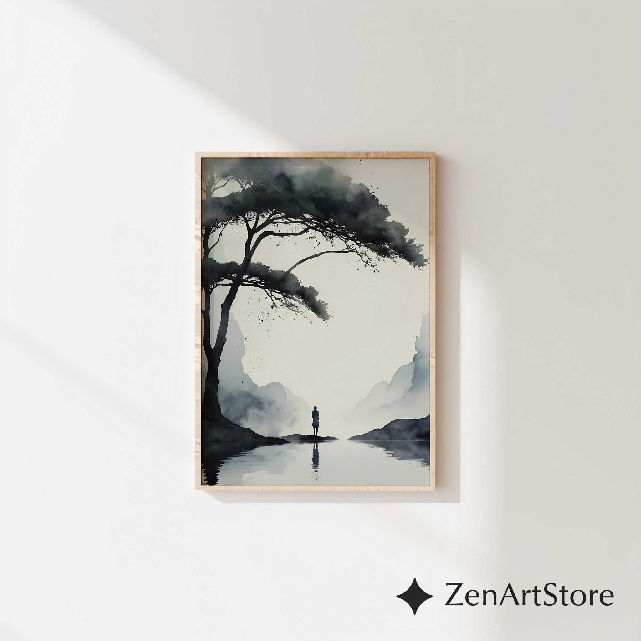 Misty Sumi-e Landscape Print - Zen Minimalist Tree & Solitary Figure Japandi Neutral Wall Art