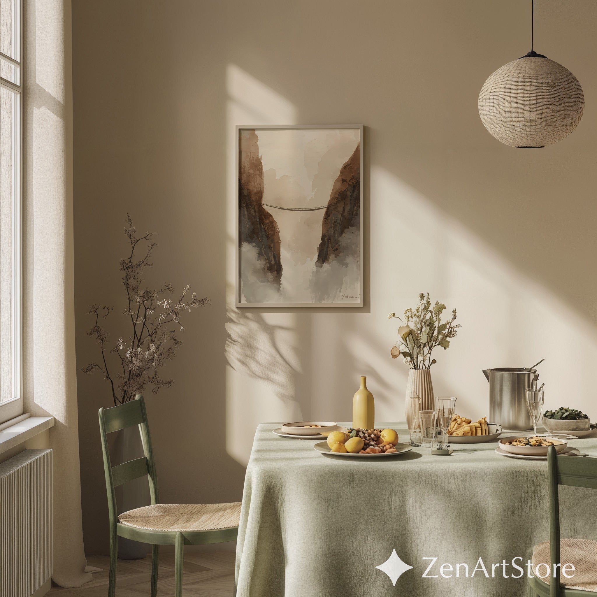 Neutral Mountain Bridge Watercolor Print – Minimal Japandi Wabi Sabi Wall Art for Living Room