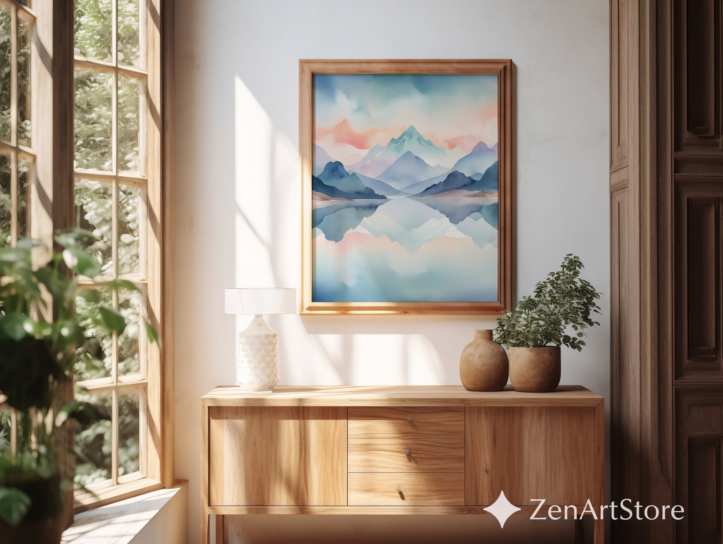 Pastel Watercolor Mountain Print - Calming Lake Reflection Wall Art for Living Room, Bedroom, Nursery - Minimal Japandi Home Decor