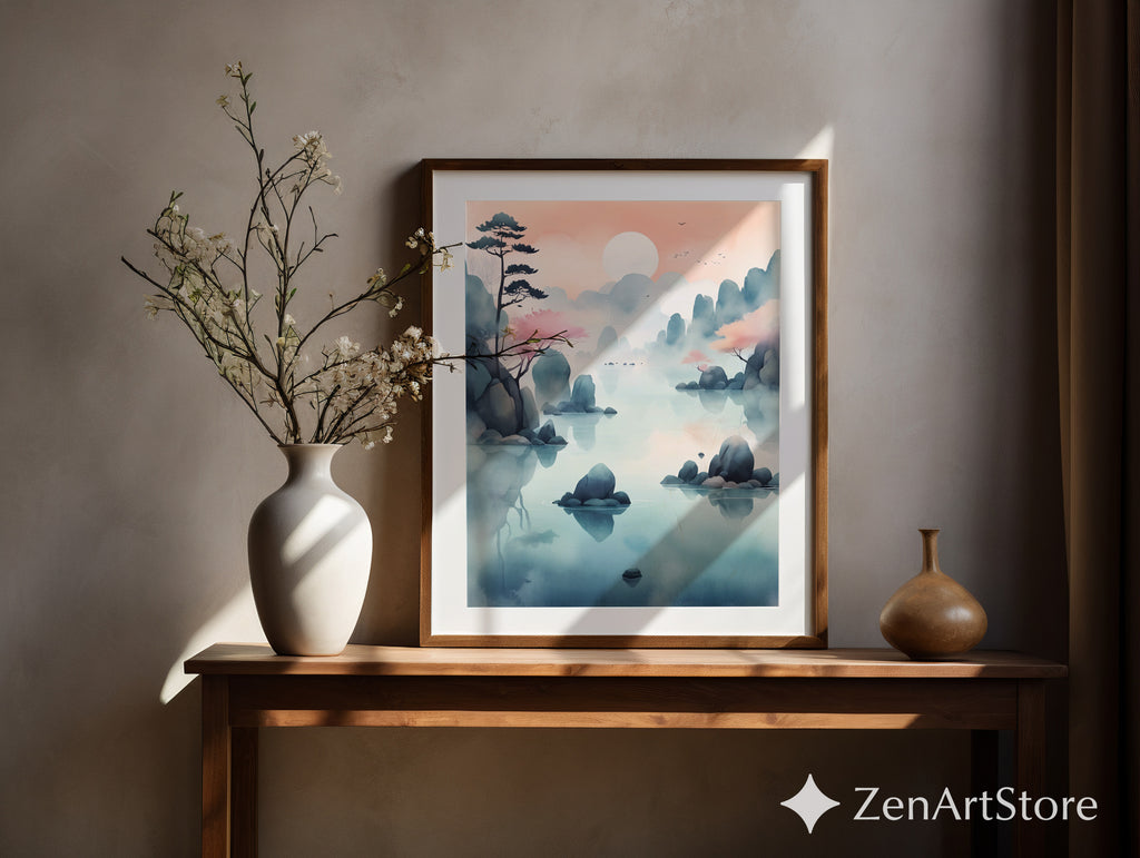 Serene Pastel Mountain Lake Wall Art - Zen Japandi Landscape Print, Printable & Canvas