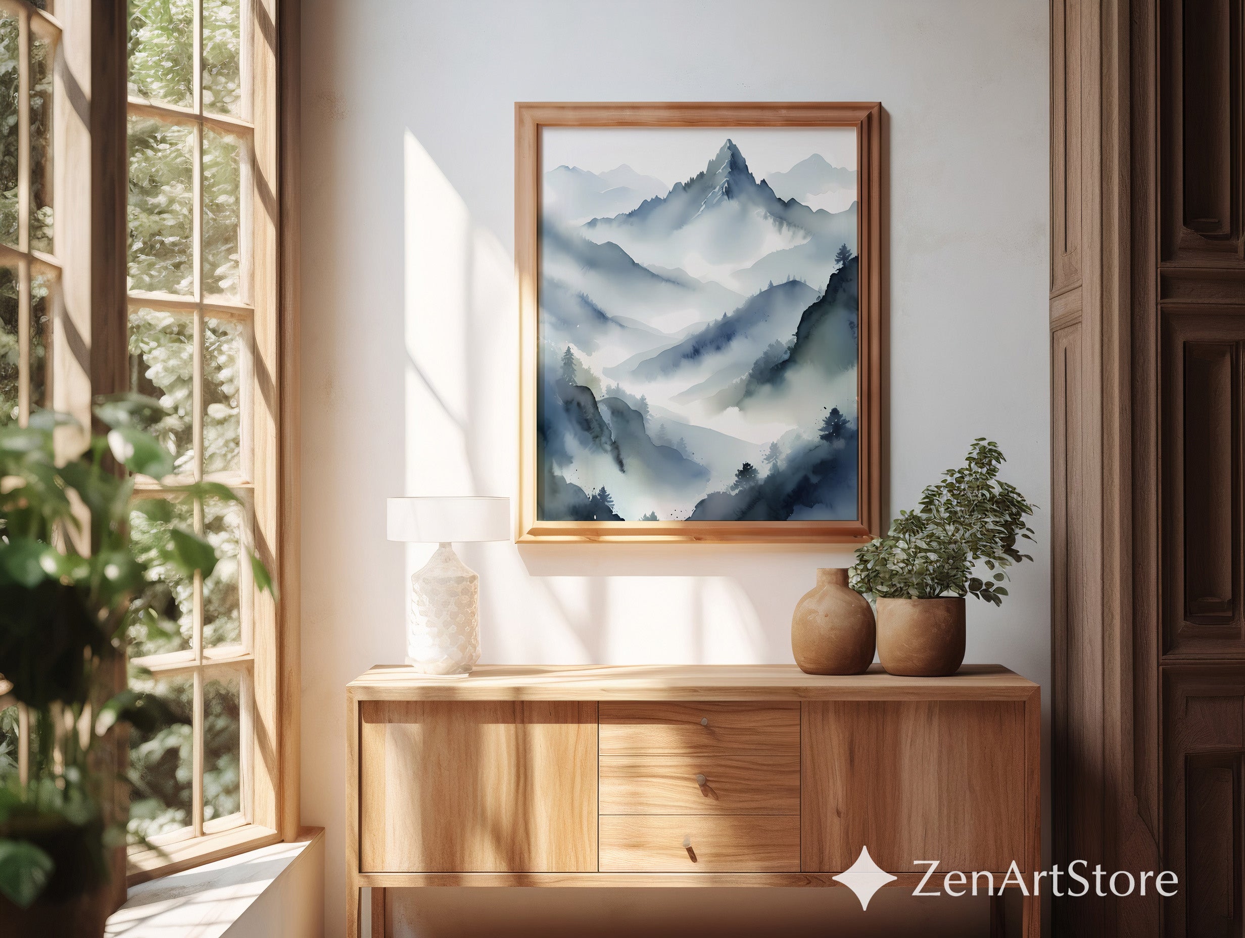 Misty Mountain Watercolor Print - Zen Japandi Minimal Landscape Wall Art, Neutral Blue Gray Home Decor