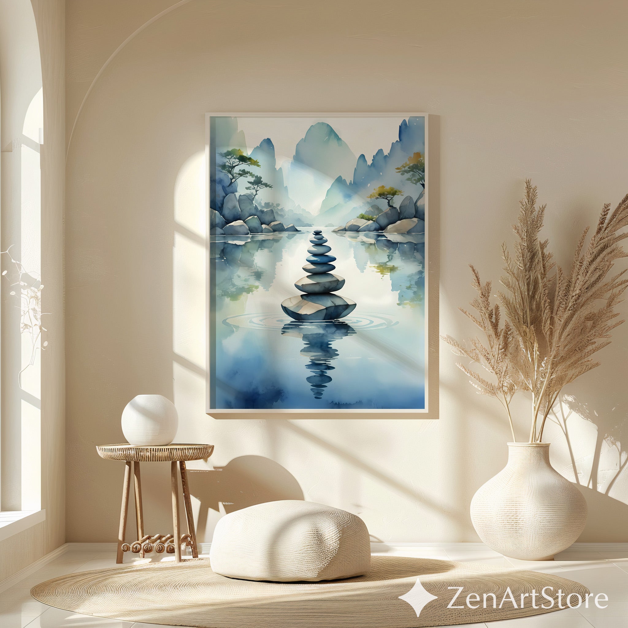 Zen Stone Stack Watercolor Print - Minimal Japandi Landscape Wall Art for Living Room, Bedroom & Meditation Space