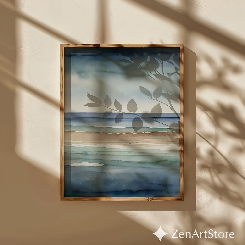 Abstract Coastal Watercolor Print Calm Blue Beige Seascape Minimal Japandi Wall Art Neutral Home Decor