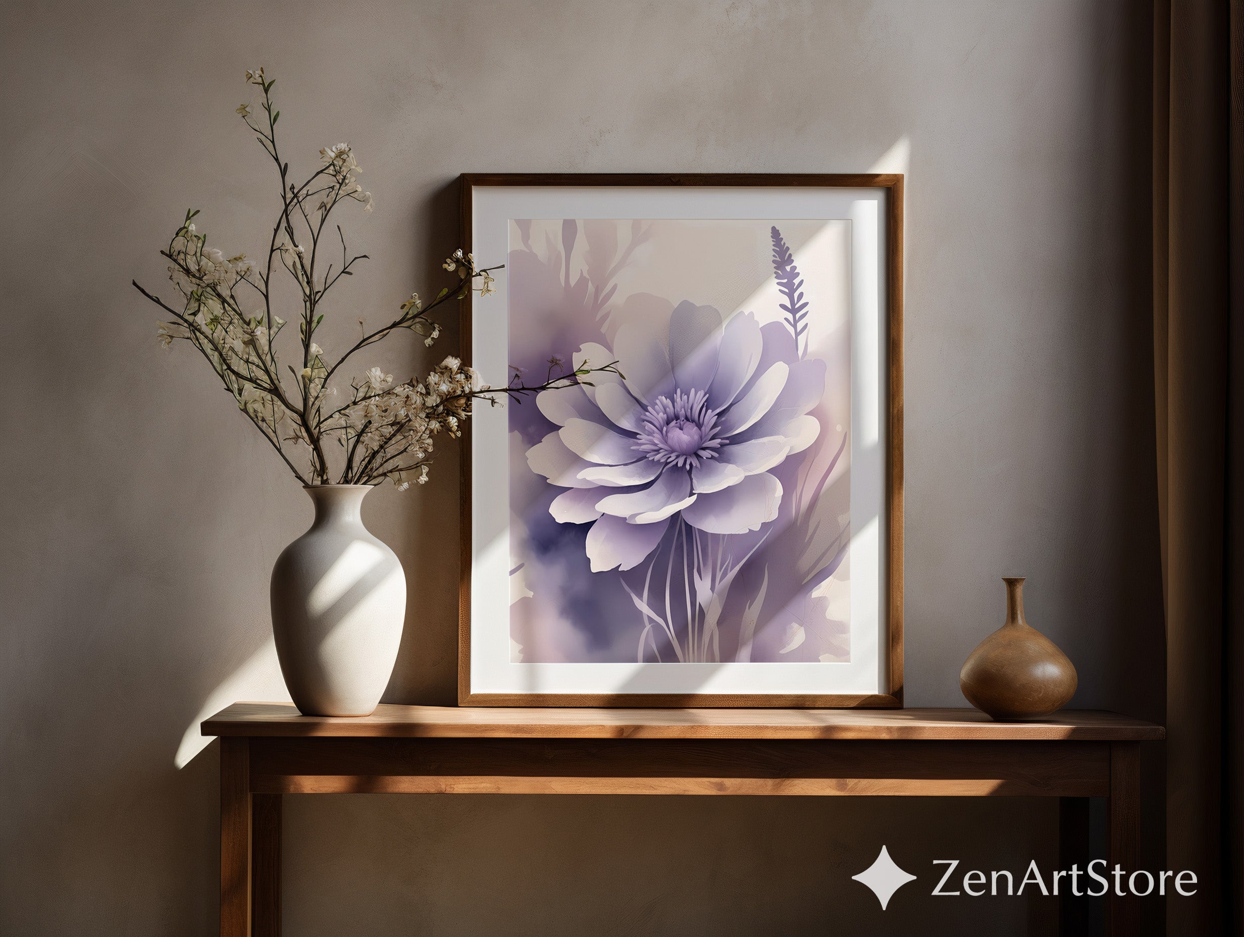 Lavender Floral Wall Art Print - Soft Purple Watercolor Flower, Minimal Botanical Decor for Living Room, Bedroom, Nursery, Zen Home
