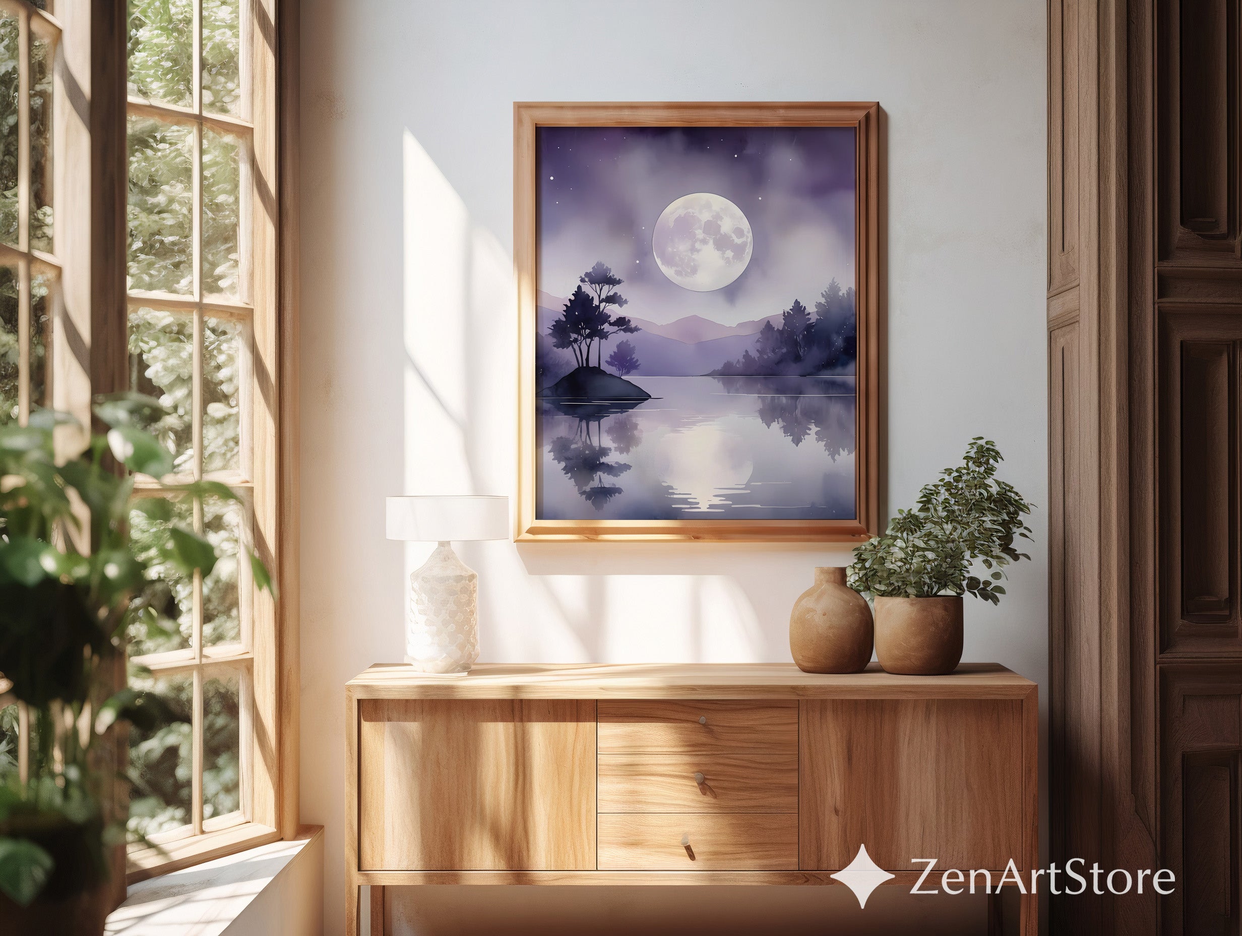 Moonlight Lake Watercolor Print — Purple Minimalist Landscape Wall Art for Bedroom, Zen Japandi Home Decor