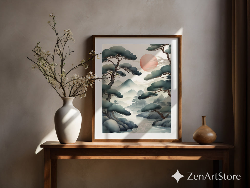 Zen Japanese Landscape Print Misty Pines & Red Sun - Japandi Minimalist Wall Art, Calm Neutral Home Decor (Print or Digital)