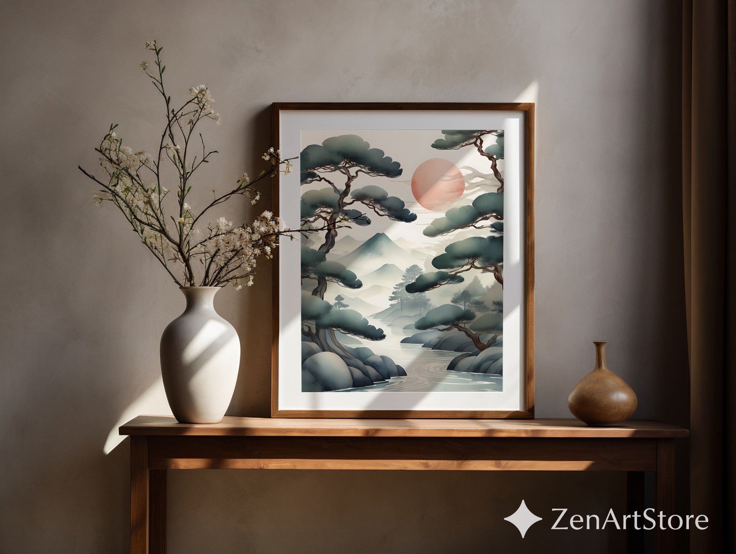 Zen Japanese Landscape Print Misty Pines & Red Sun - Japandi Minimalist Wall Art, Calm Neutral Home Decor (Print or Digital)