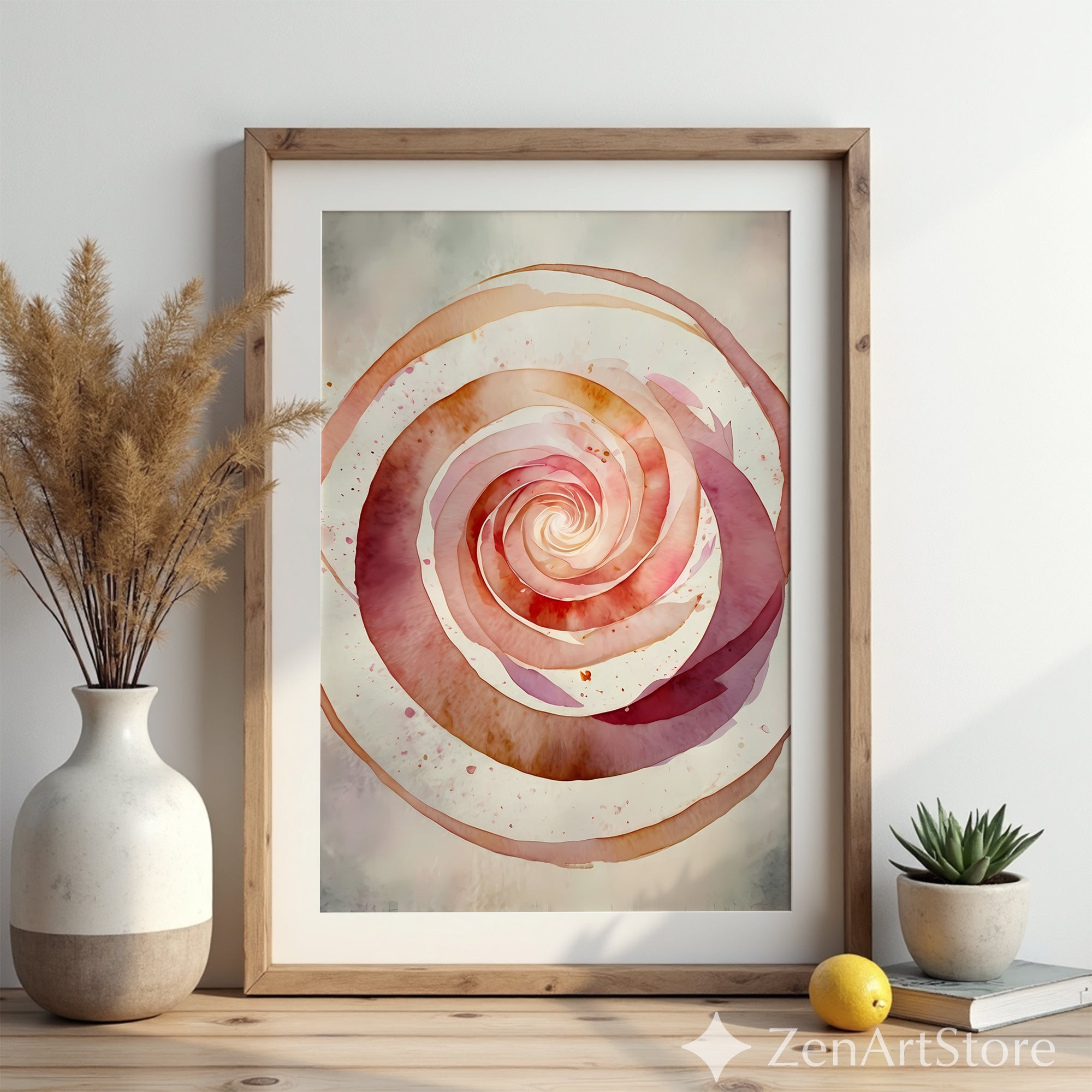 Spiral Rose Watercolor Print - Neutral Pink Beige Abstract Wall Art, Minimal Japandi Wabi Sabi Home Decor