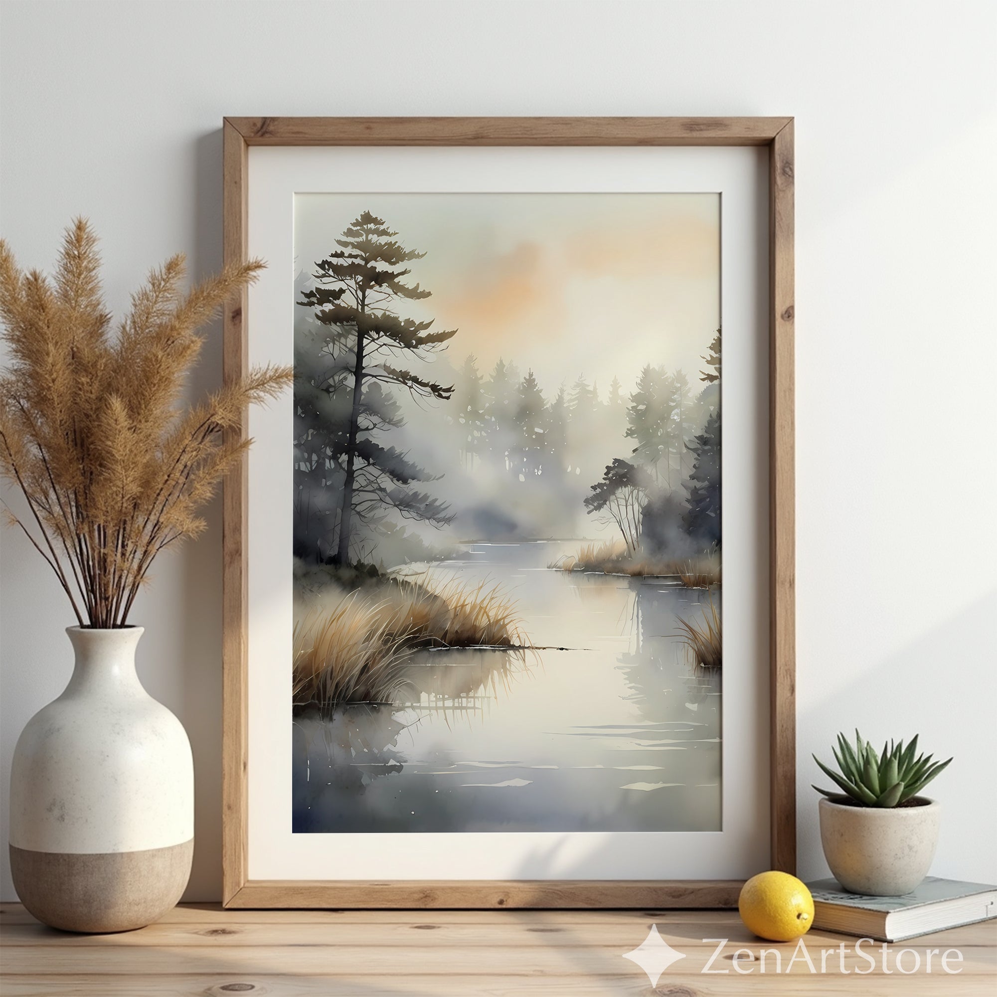 Misty Lake Watercolor Wall Art - Neutral Scandinavian Japandi Landscape Print for Calm Living Room Decor