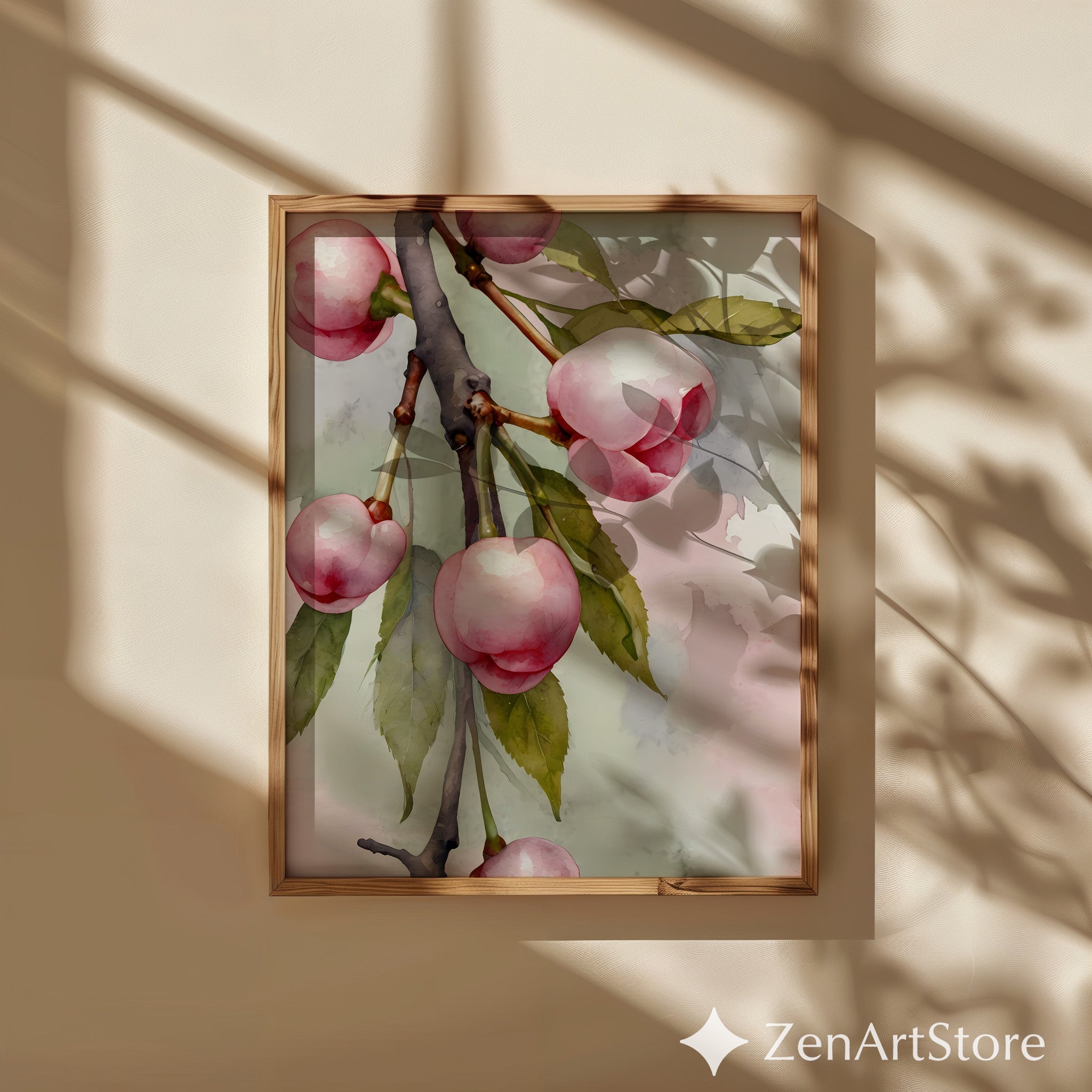 Pink Cherry Botanical Watercolor Art Print - Soft Minimal Floral Wall Decor for Living Room, Bedroom, Nursery, Japandi