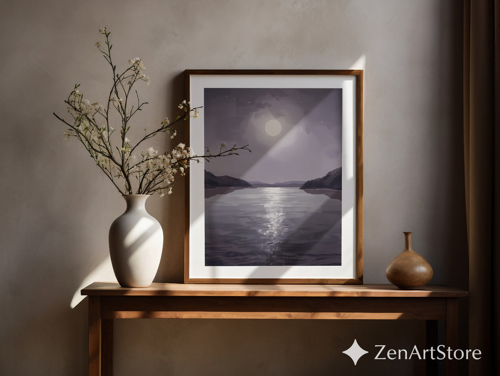 Moonlit Lake Minimalist Wall Art - Calming Neutral Landscape Print for Bedroom, Living Room, Japandi & Scandinavian Decor