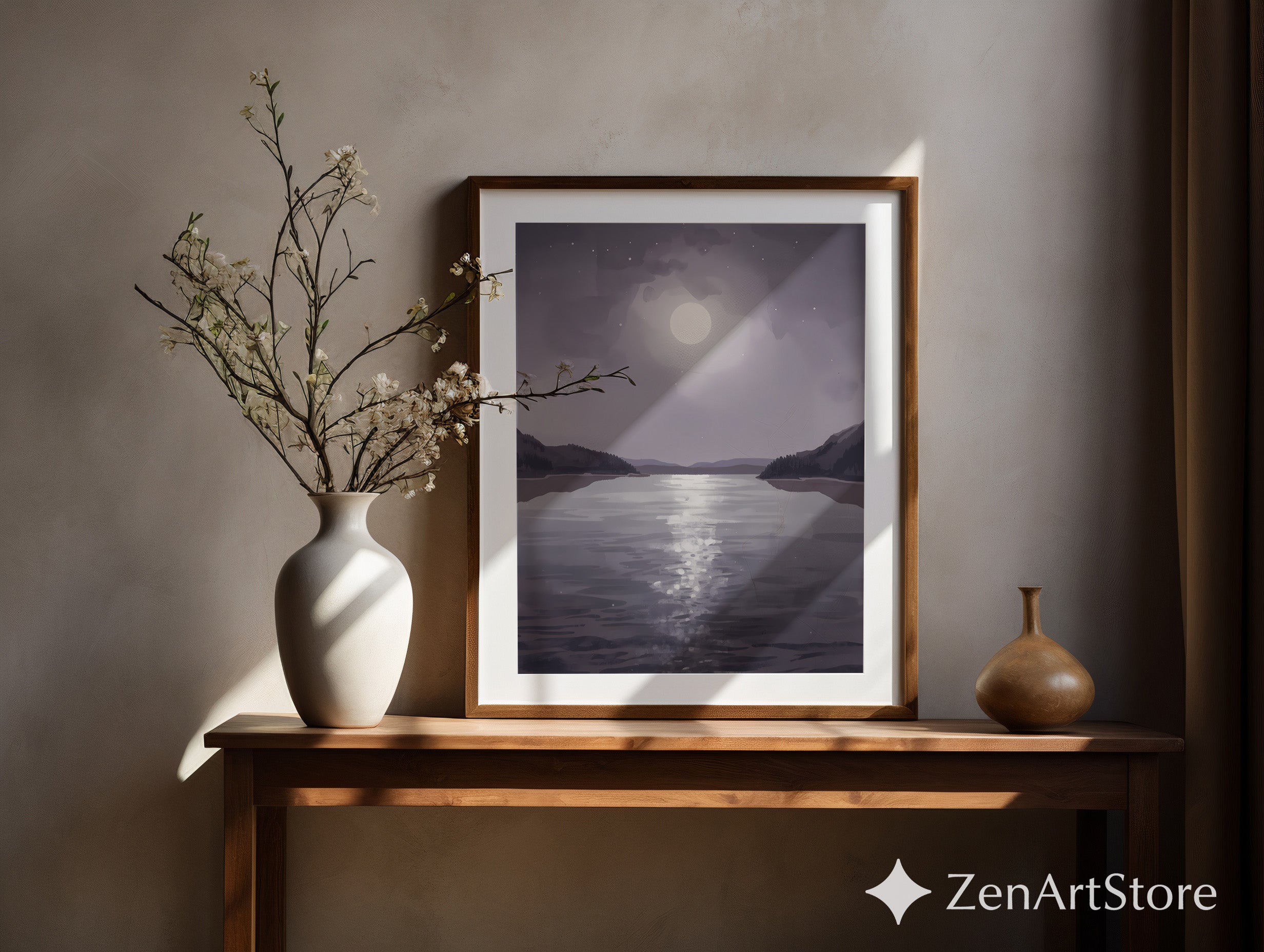 Moonlit Lake Minimalist Wall Art - Calming Neutral Landscape Print for Bedroom, Living Room, Japandi & Scandinavian Decor