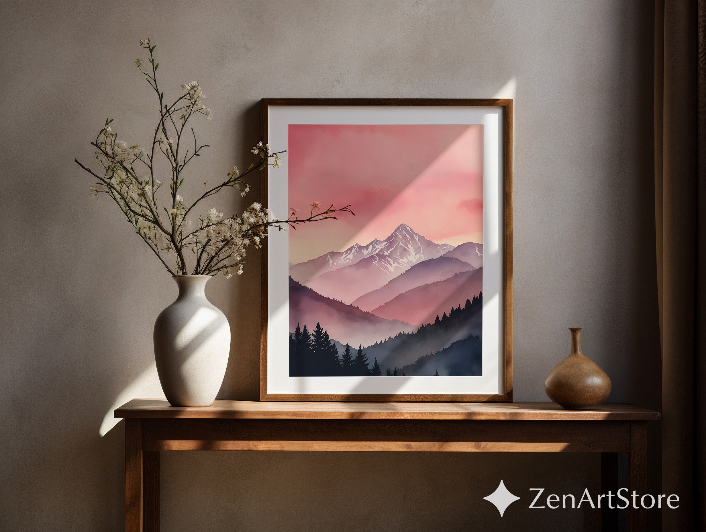 Pink Mountain Landscape Art Print - Minimal Watercolor Mountain Wall Art for Japandi & Scandinavian Home Decor