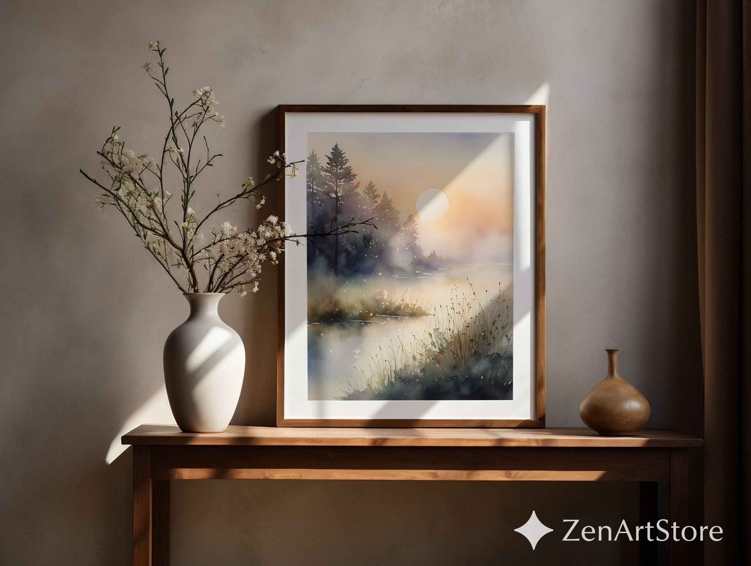 Misty Sunrise Lake Watercolor Print - Serene Scandinavian Japandi Landscape Art for Living Room & Bedroom Minimal Wall Decor