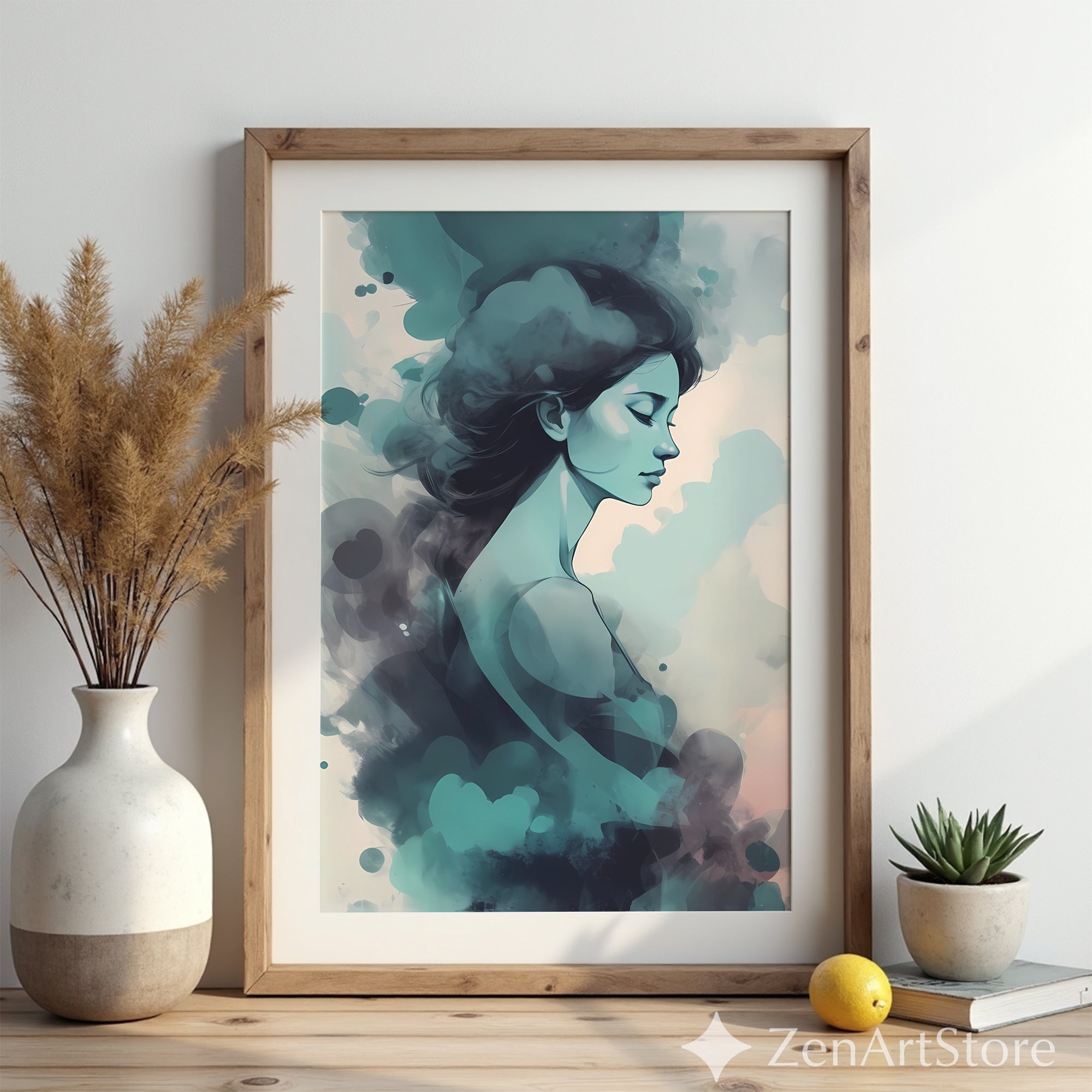 Dreamy Teal Woman Abstract Portrait Art Print - Calm Minimal Wall Art for Bedroom, Living Room, Japandi & Scandinavian Decor