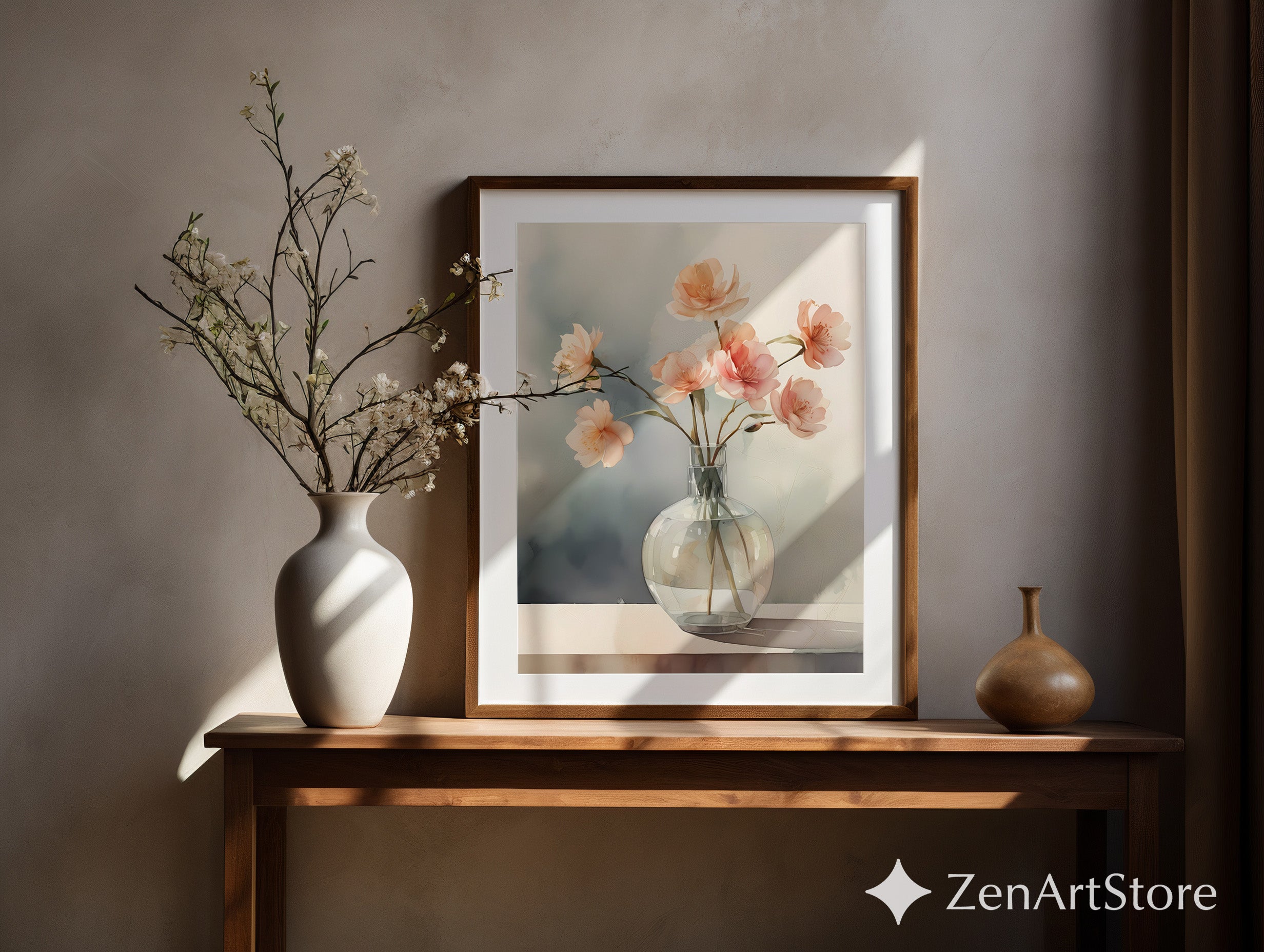 Soft Peach Floral Vase Print - Minimal Botanical Wall Art for Japandi & Scandinavian Neutral Home Decor