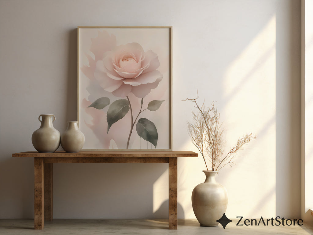 Blush Rose Wall Art Print - Soft Pastel Botanical Rose, Minimal Floral Nursery & Bedroom Decor, Neutral Modern Printable