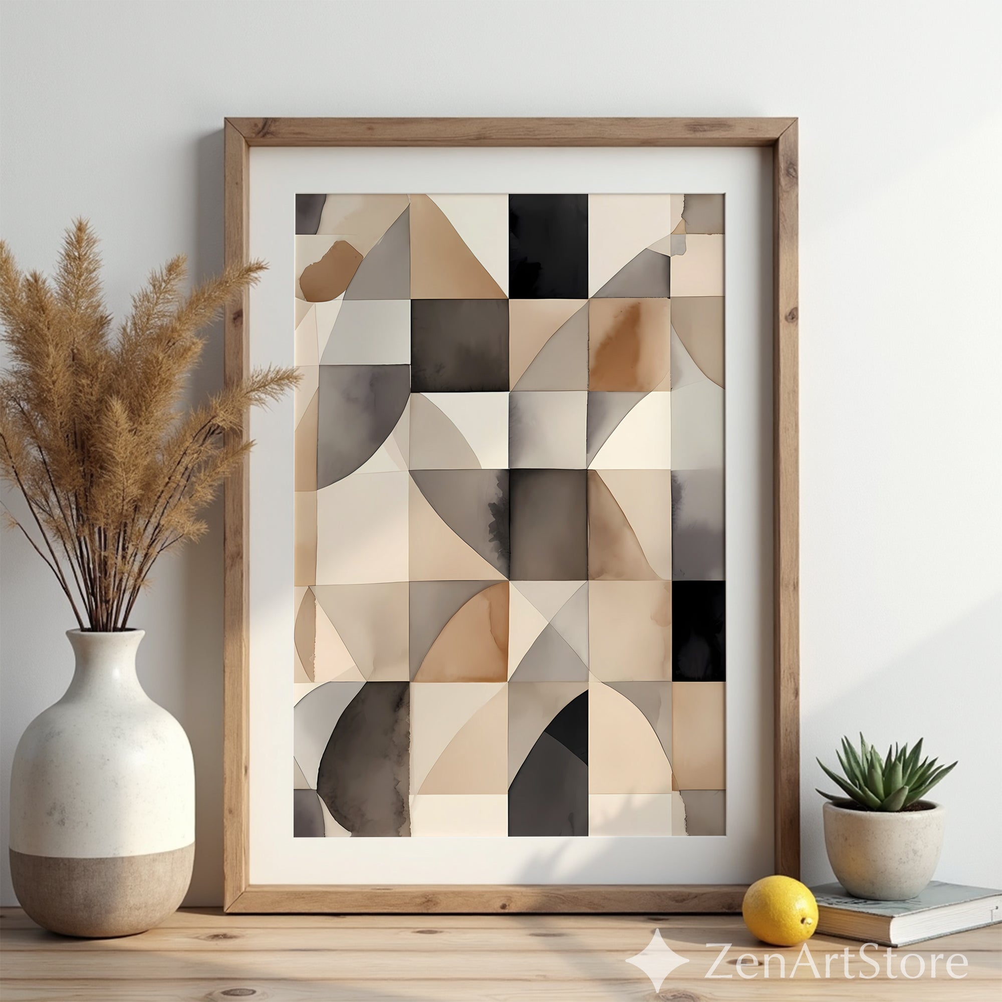 Neutral Geometric Abstract Art Print - Beige Brown Black Minimal Japandi Wabi Sabi Wall Decor