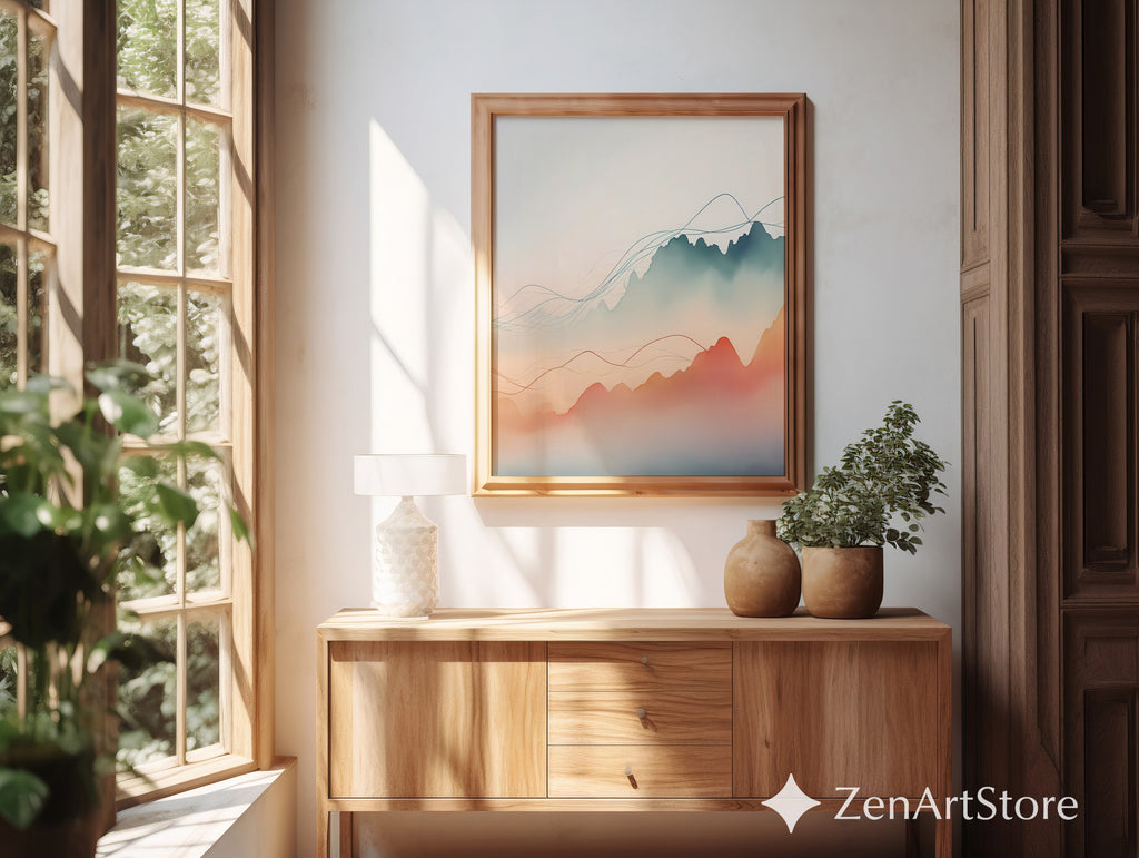 Minimal Abstract Mountain Landscape Wall Art, Japandi Neutral Pastel Line Art Print for Living Room & Bedroom