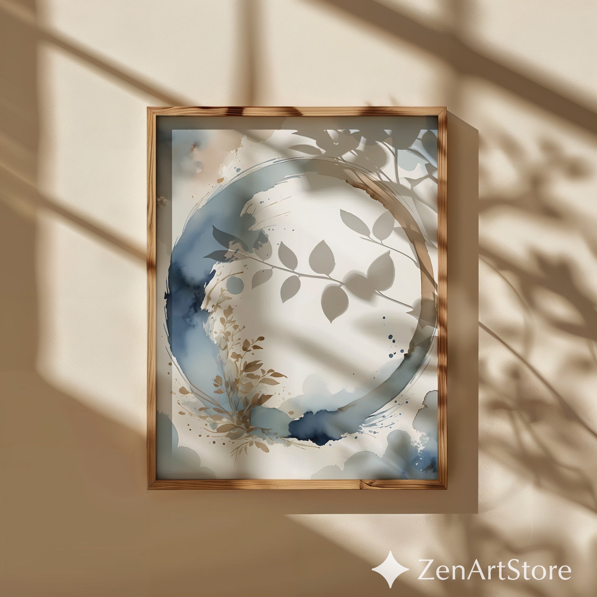 Neutral Abstract Circle Watercolor Print - Zen Enso Botanical Wall Art in Blue & Beige - Minimal Japandi Wabi Sabi Home Decor