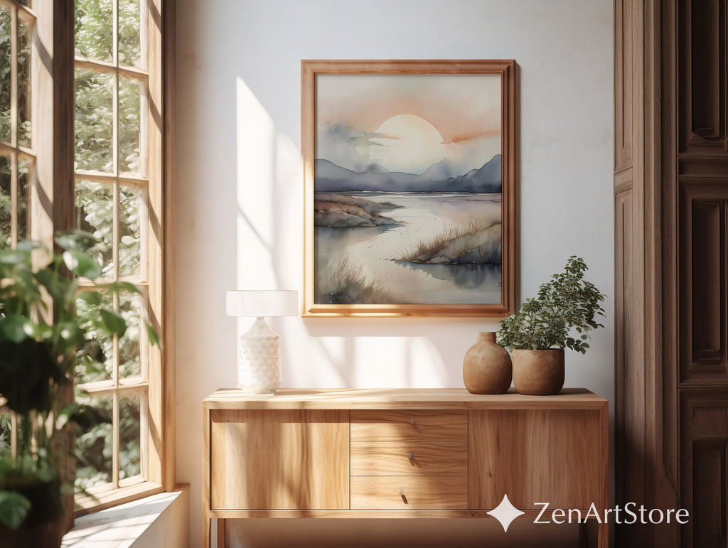 Serene Sunrise Watercolor Landscape Print - Neutral Japandi Minimal Wall Art for Living Room