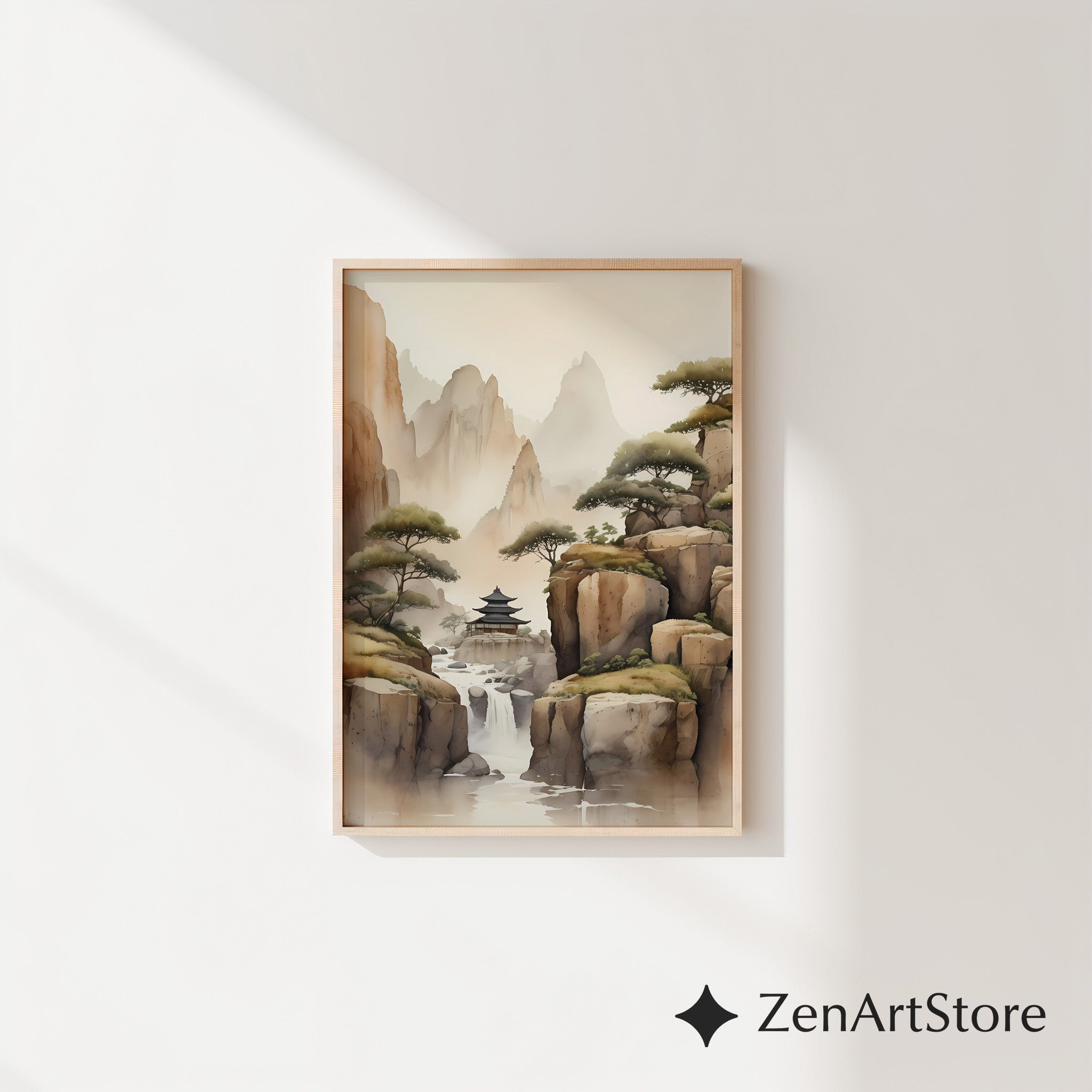 Misty Mountain Pagoda Art Print - Zen Japandi Landscape Wall Art, Neutral Beige Brown Waterfall Poster for Living Room