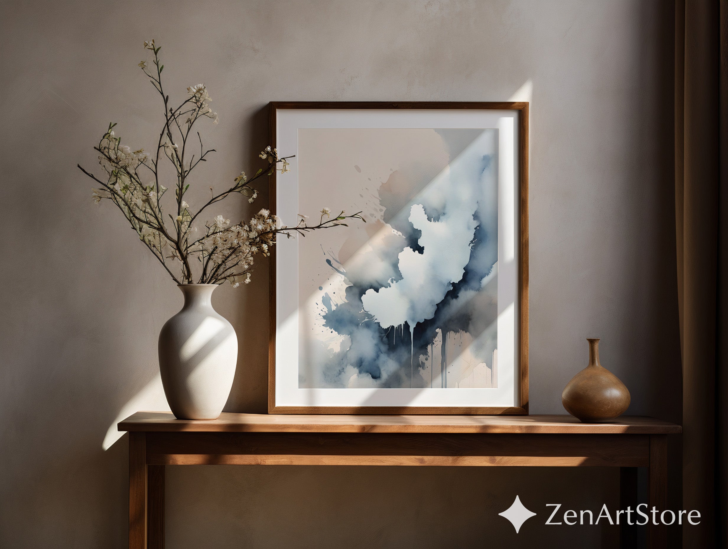 Serene Blue Watercolor Abstract Art Print - Minimal Japandi Wall Decor Neutral Modern Canvas