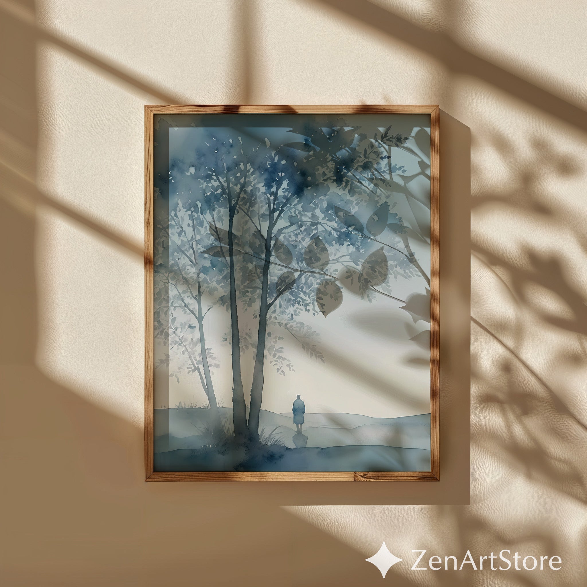 Misty Blue Watercolor Tree Landscape Print - Zen Minimal Wall Art for Living Room, Bedroom, Japandi & Scandinavian Decor