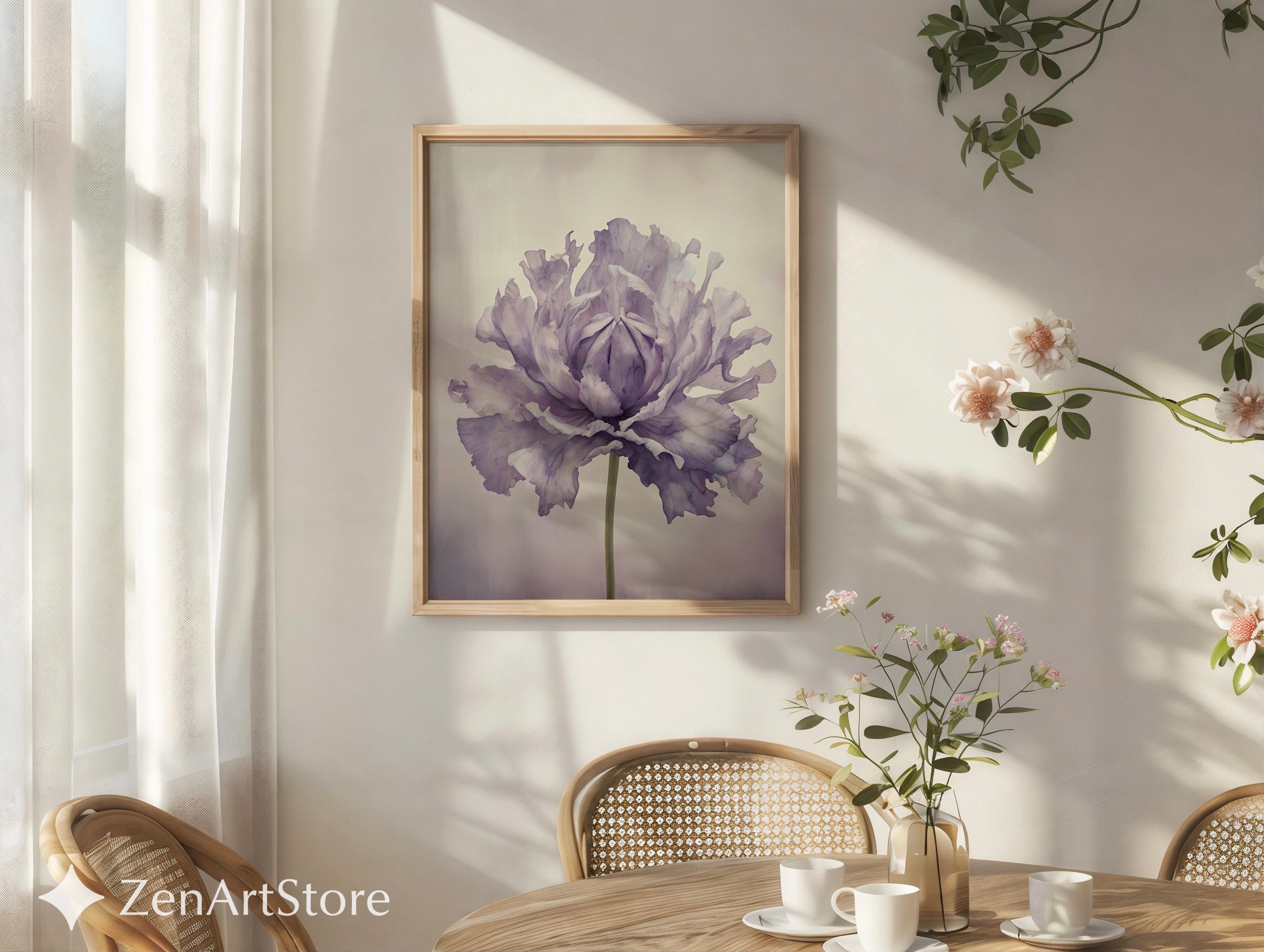 Lavender Peony Botanical Wall Art Print - Minimal Floral Fine Art for Scandinavian Japandi Wabi Sabi Home Decor