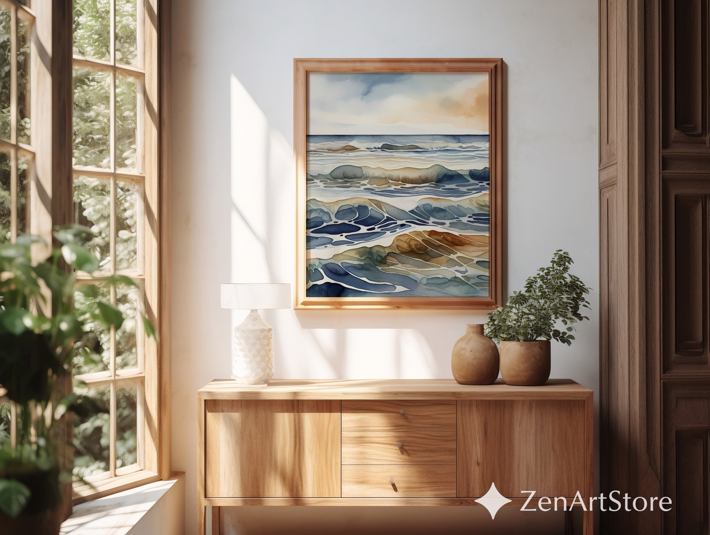 Abstract Ocean Watercolor Print - Calm Coastal Wall Art, Japandi Minimal Waves, Neutral Blue Beige Beach Decor