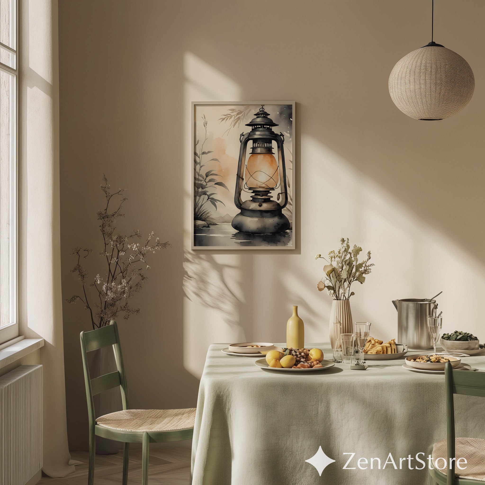 Vintage Lantern Wall Art - Neutral Japandi Wabi Sabi Lantern Illustration, Cozy Minimalist Home Decor Print