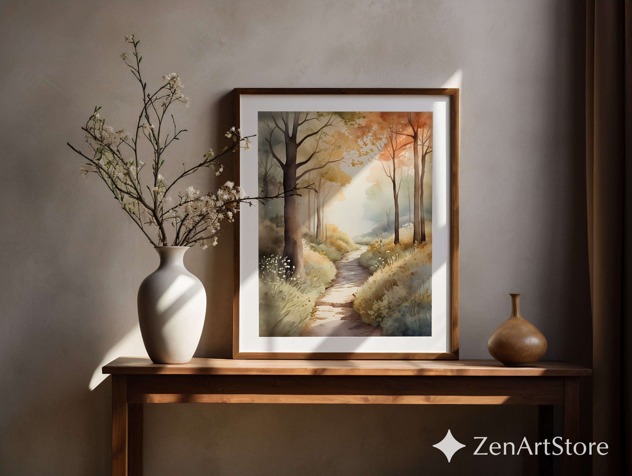 Autumn Watercolor Forest Path Print - Neutral Landscape Wall Art, Printable Digital Download, Canvas-Ready Japandi Decor