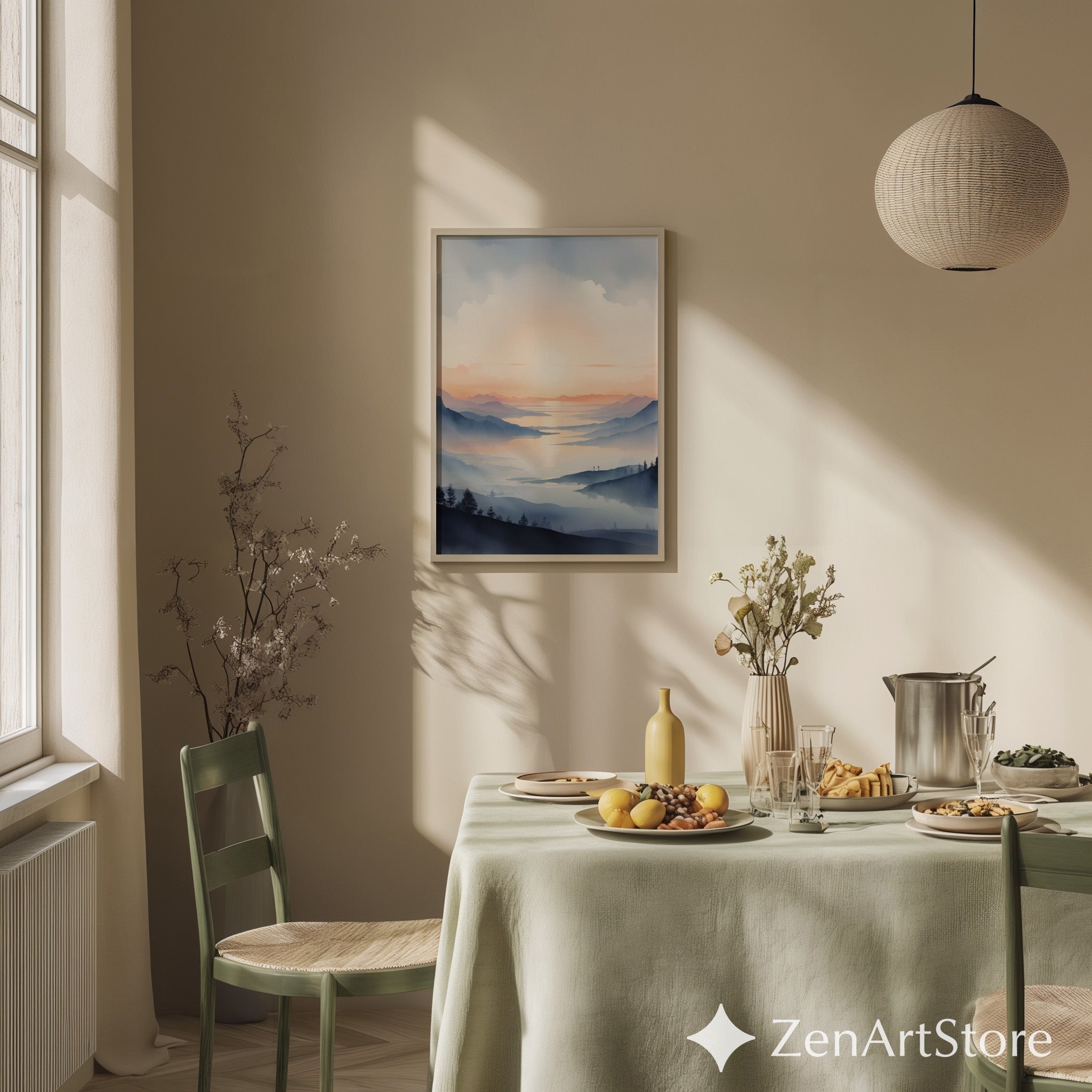 Misty Mountain Sunrise Wall Art Print - Calm Japandi Landscape Minimal Zen Home Decor