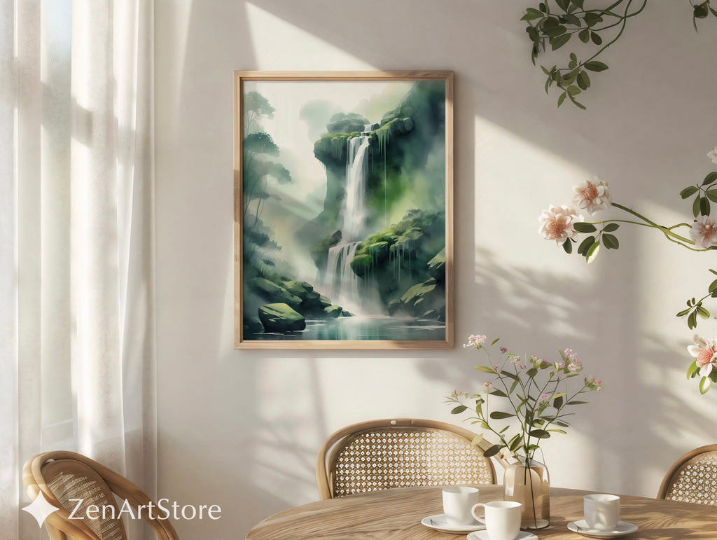 Misty Waterfall Wall Art Print – Zen Green Landscape for Living Room, Japandi Minimalist Nature Canvas