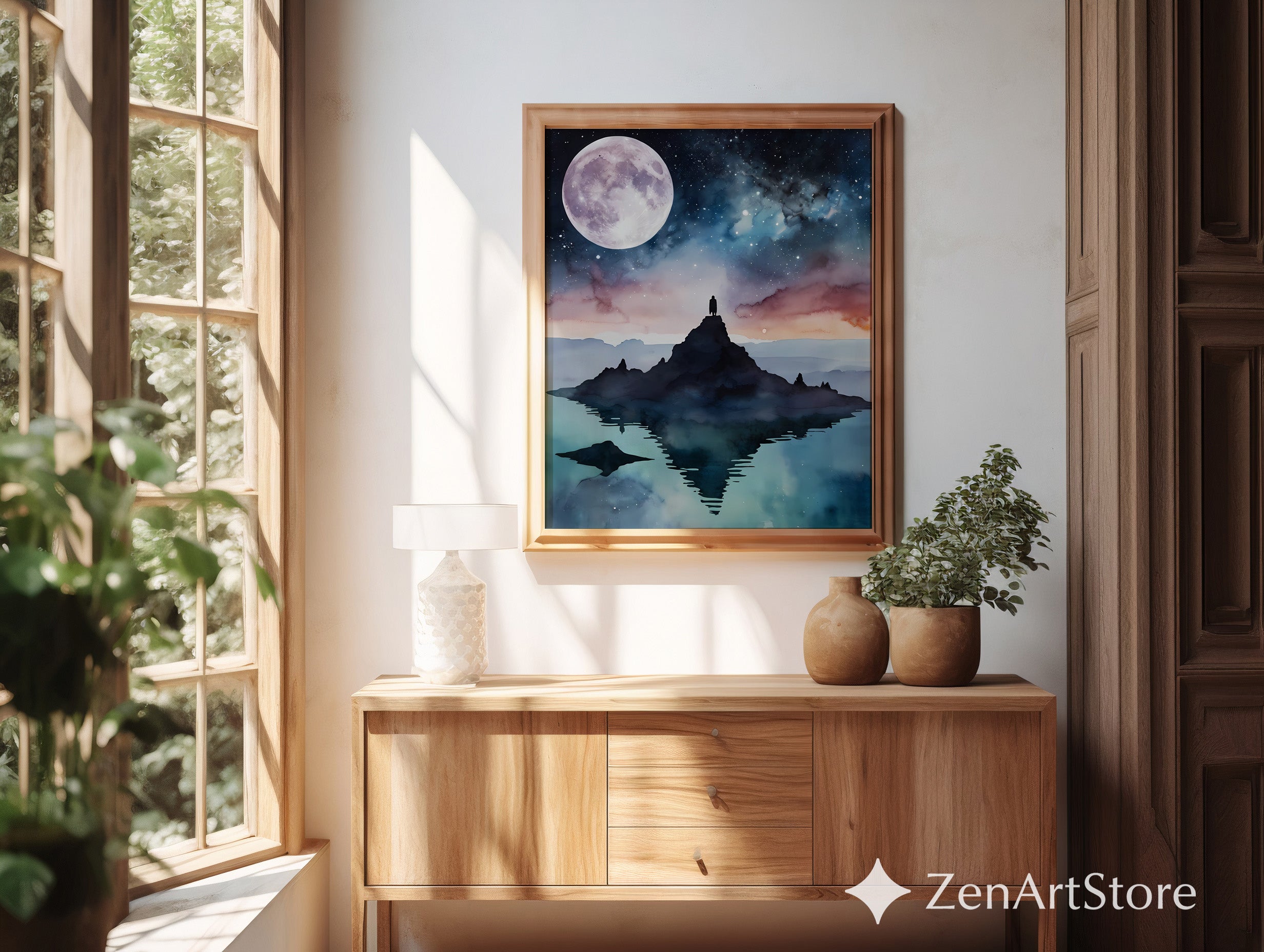 Moonlit Mountain Reflection Art Print - Celestial Watercolor Landscape, Minimal Zen Home Decor, Calm Cosmic Wall Art