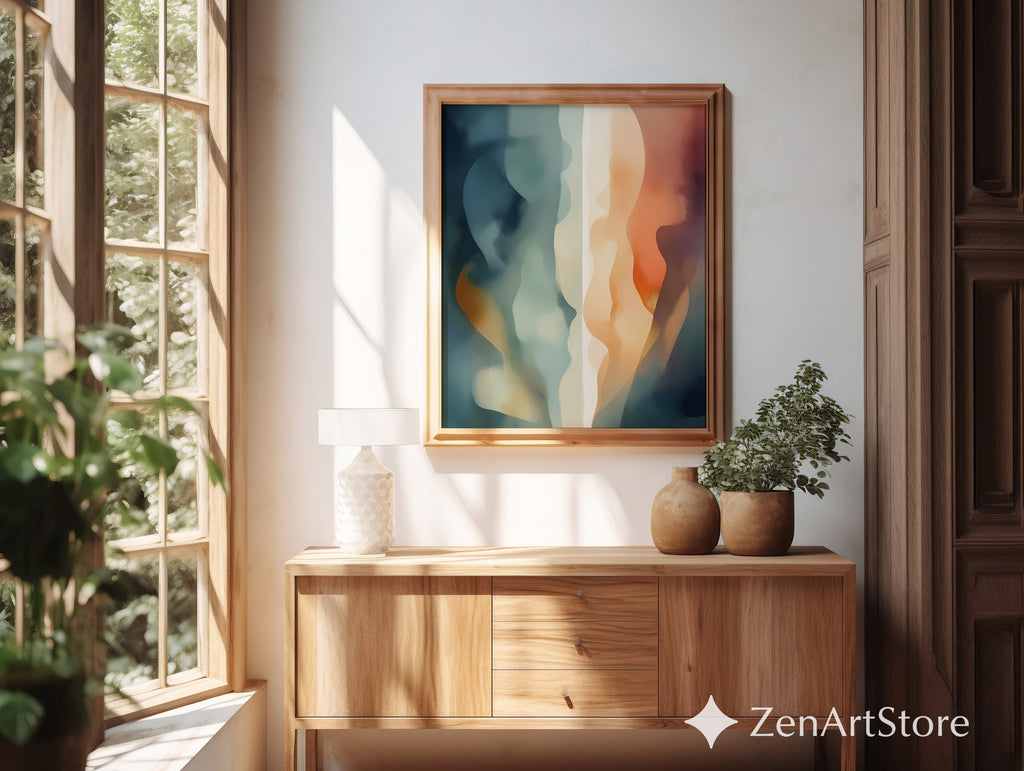 Abstract Fluid Wall Art Print - Calm Teal, Beige & Orange Minimalist Modern Home Decor, Japandi Wabi Sabi