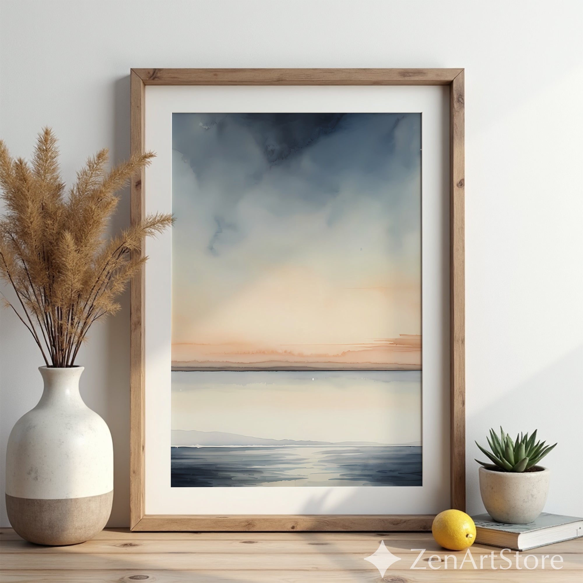 Calm Horizon Watercolor Seascape Print - Minimal Neutral Landscape Wall Art for Living Room, Bedroom, Japandi Decor