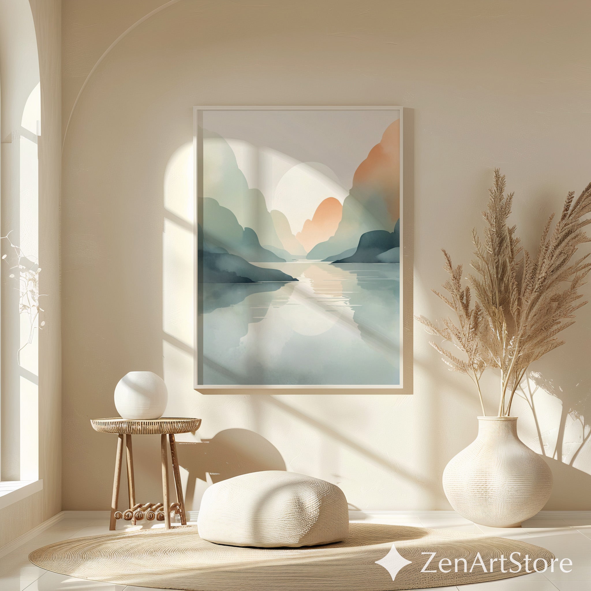 Serene Pastel Mountain Landscape Print – Minimal Japandi Wall Art, Calm Neutral Abstract Sunset